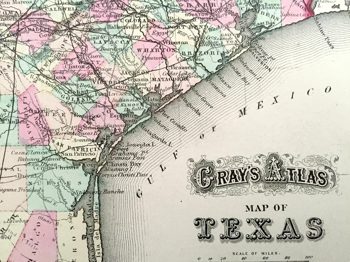 Antique 1874 Texas / Arkansas State Map from O.W. Gray's Atlas of United States of America; Stedman, Brown & Lyon – Austin, Little Rock