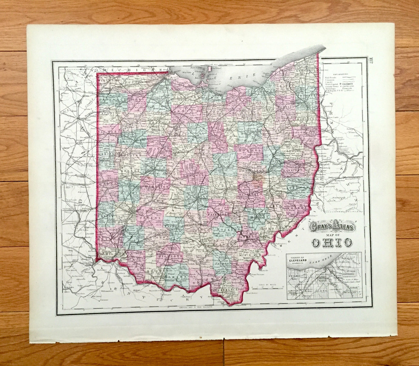Antique 1874 Ohio / Kentucky and Tennessee State Map from O.W. Gray's Atlas of United States of America; Stedman, Brown & Lyon – Louisville