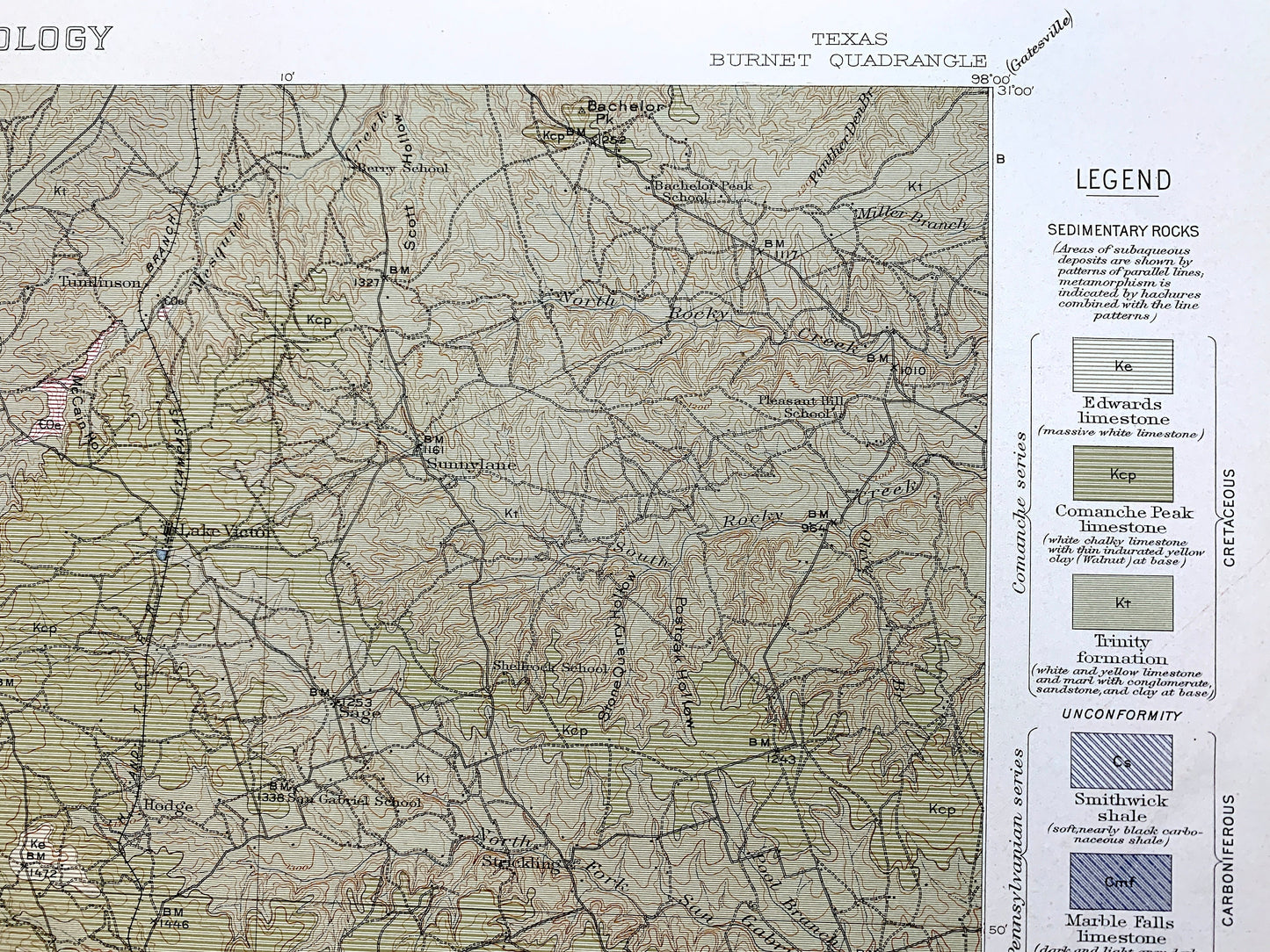 Antique Burnet, Texas 1911 US Geological Survey Topographic Map – San Saba, Llano, Williamson, Travis County, Marble Falls, Kingsland, TX
