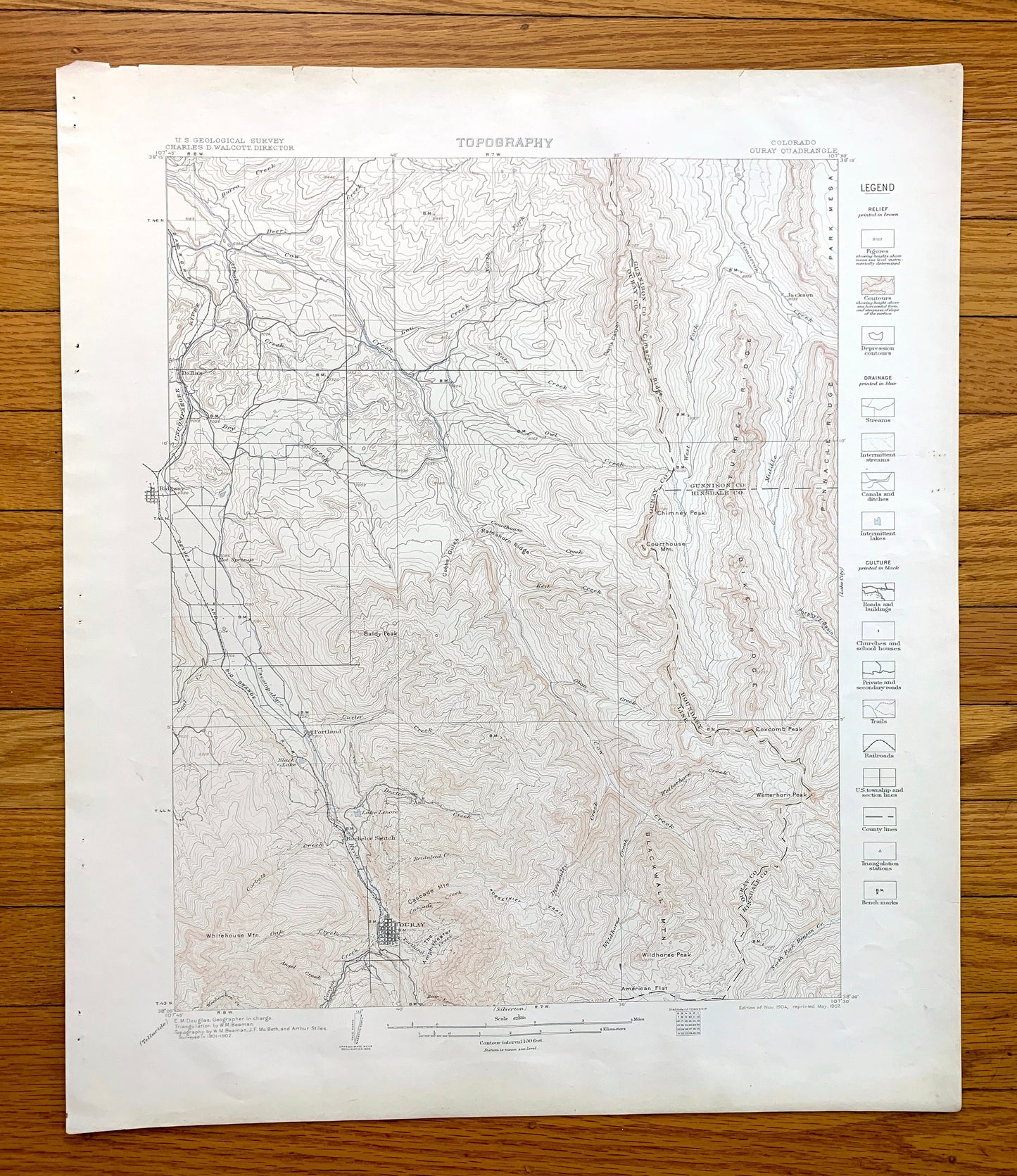 Antique Ouray, Colorado 1904 US Geological Survey Topographic Map – Uncompahgre National Forest, Gunnison, Hinsdale County, Chimney Peak