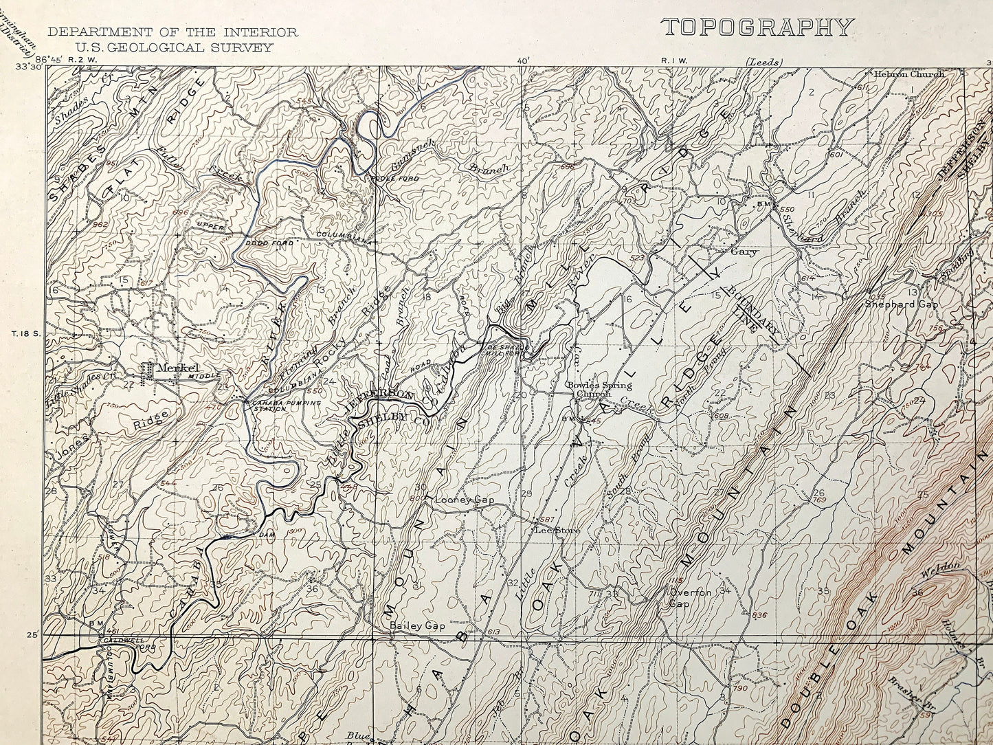 Antique Vandiver, Alabama 1908 US Geological Survey Topographic Map – Gary, Merkel, East Saginaw, Nelson Mill, Jefferson, Shelby County, AL