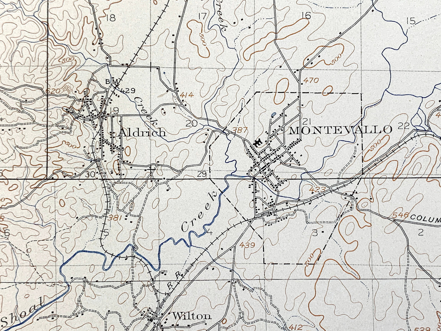 Antique Montevallo, Alabama 1940 US Geological Survey Topographic Map – Calera, Aldrich, Cahaba River, Shelby, Bibb, Chilton County, AL
