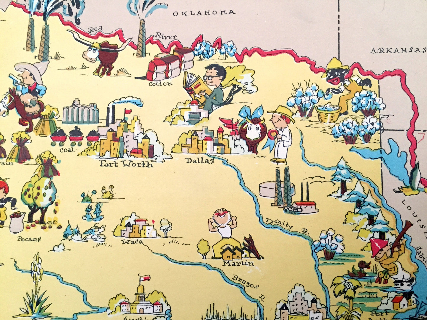 Antique 1935 Texas State Map from Our Gay Geography by Ruth Taylor – Houston, San Antonio, Dallas, Austin, Fort Worth, El Paso, Arlington TX
