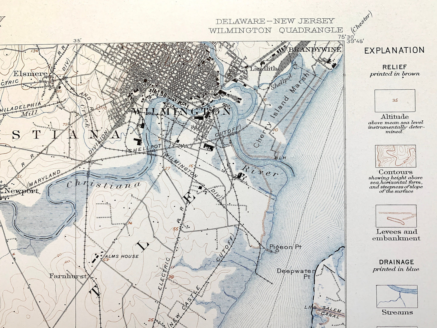 Antique Wilmington, Delaware 1906 US Geological Survey Topographic Map – Newcastle County, Delaware City, Christiana, Brandywine, Newport DE