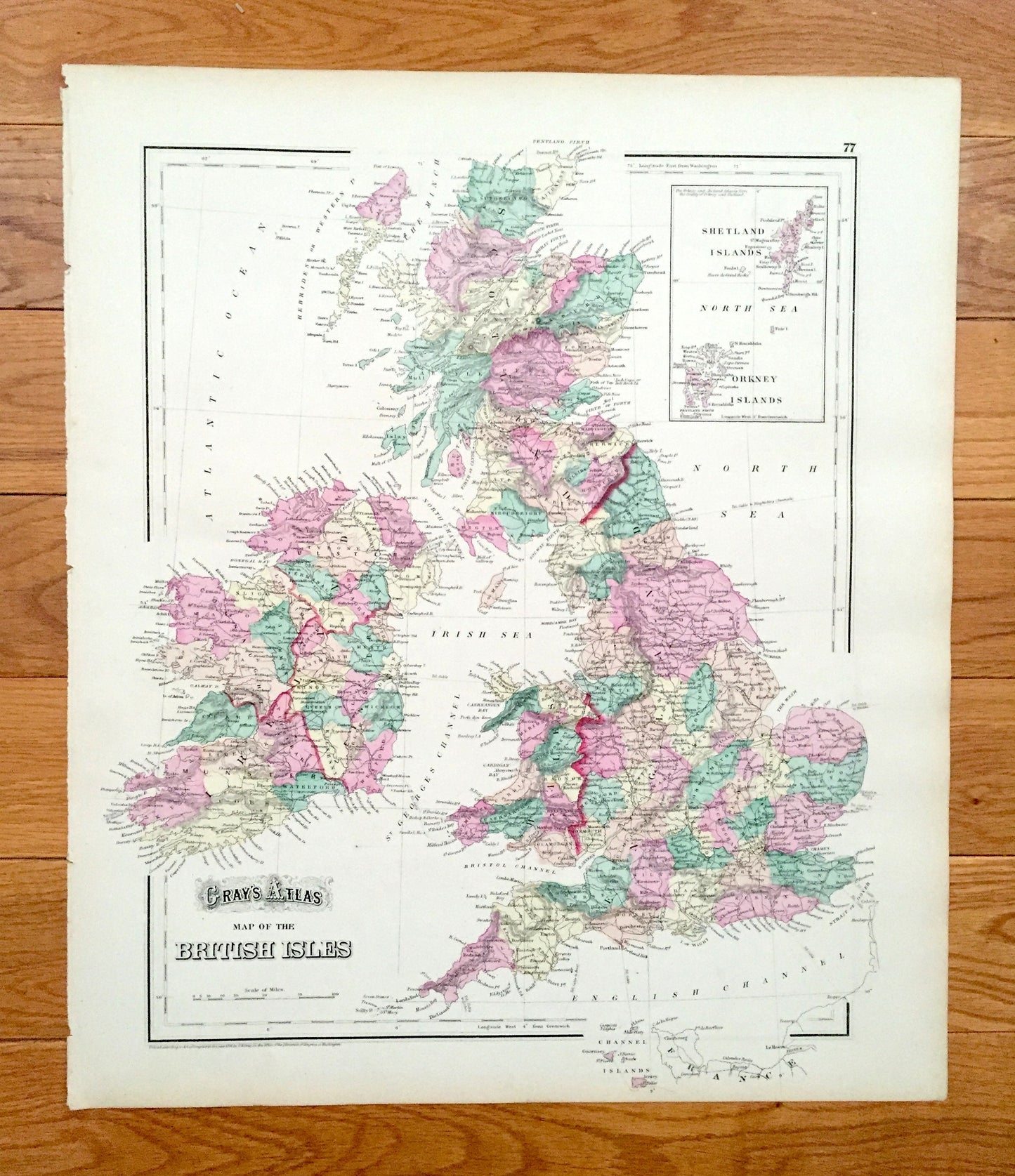 Antique 1874 British Isles / Germany and Austria Map from O.W. Gray's Atlas of United States of America; Stedman, Brown & Lyon – Switzerland