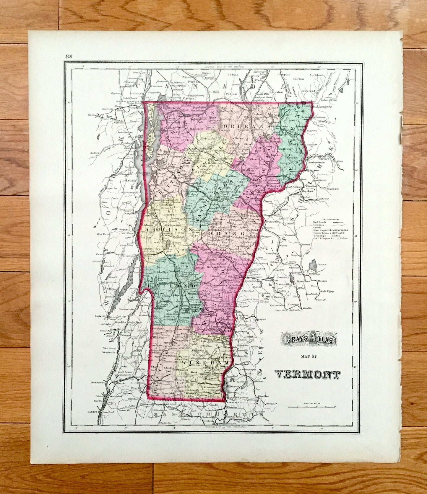 Antique 1874 New Hampshire / Vermont Map from O.W. Gray's Atlas of United States of America; Stedman, Brown & Lyon – White Green Mountains