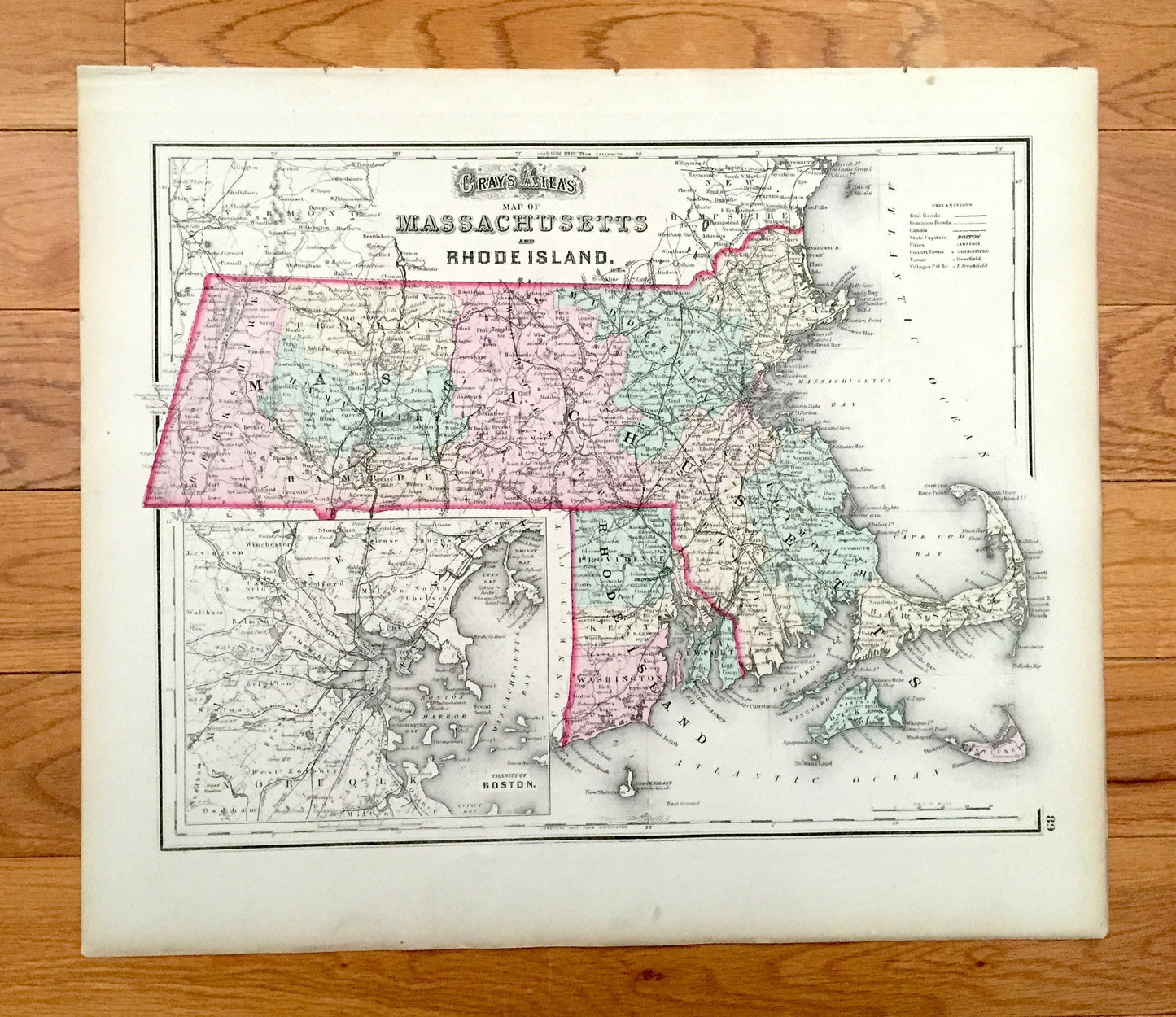 Antique 1874 Boston / Massachusetts State Map from O.W. Gray's Atlas of United States of America; Stedman, Brown & Lyon – Rhode Island
