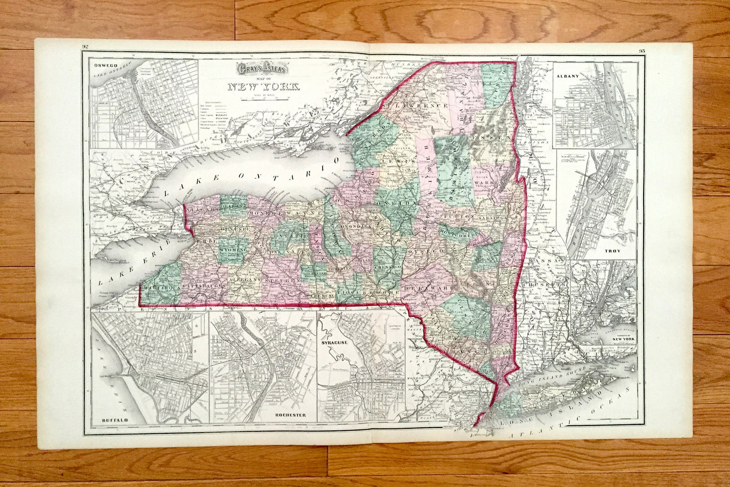 Antique 1874 New York City / Connecticut NY State Map from O.W. Gray's Atlas of United States of America; Stedman, Brown & Lyon – Brooklyn