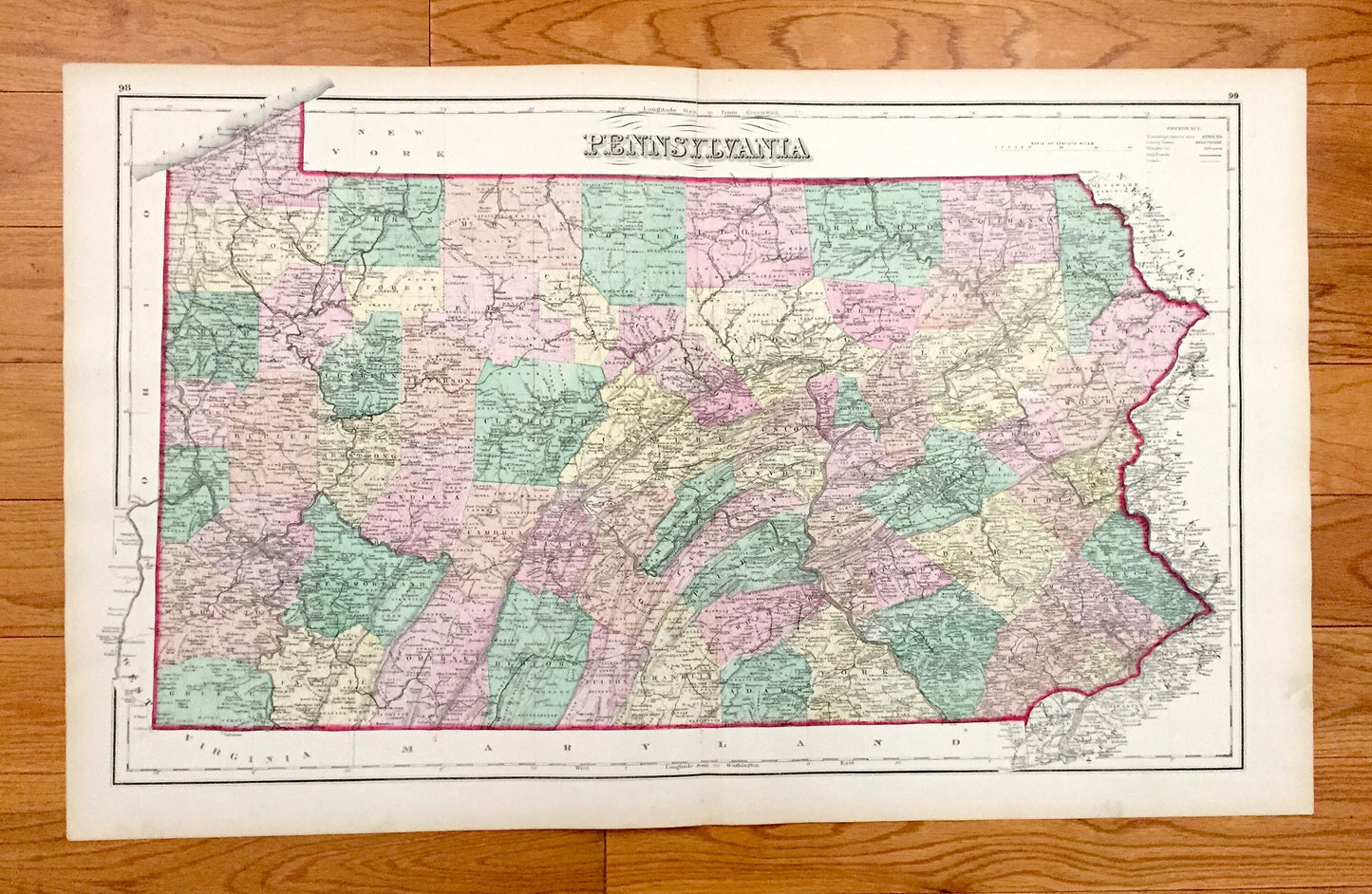 Antique 1874 Pennsylvania State / Baltimore / Philadelphia Map from O.W. Gray's Atlas of United States of America; Stedman, Brown & Lyon