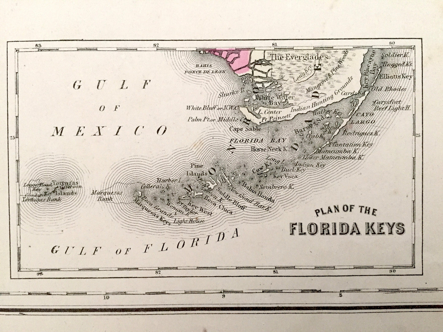 Antique 1874 Florida / Alabama State Map from O.W. Gray's Atlas of United States of America; Stedman, Brown & Lyon – Key West, Miami Beach