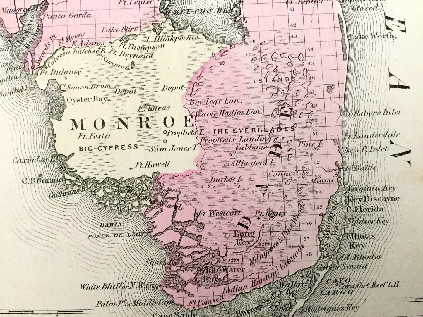 Antique 1874 Florida / Alabama State Map from O.W. Gray's Atlas of United States of America; Stedman, Brown & Lyon – Key West, Miami Beach