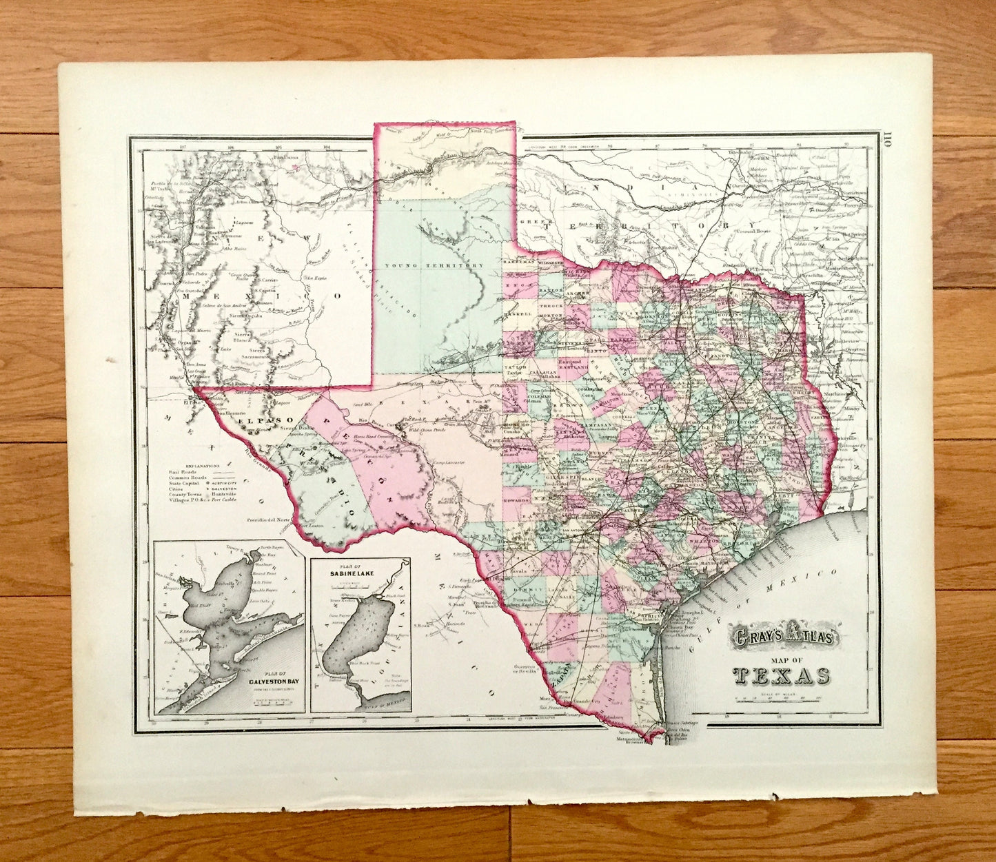 Antique 1874 Texas / Arkansas State Map from O.W. Gray's Atlas of United States of America; Stedman, Brown & Lyon – Austin, Little Rock