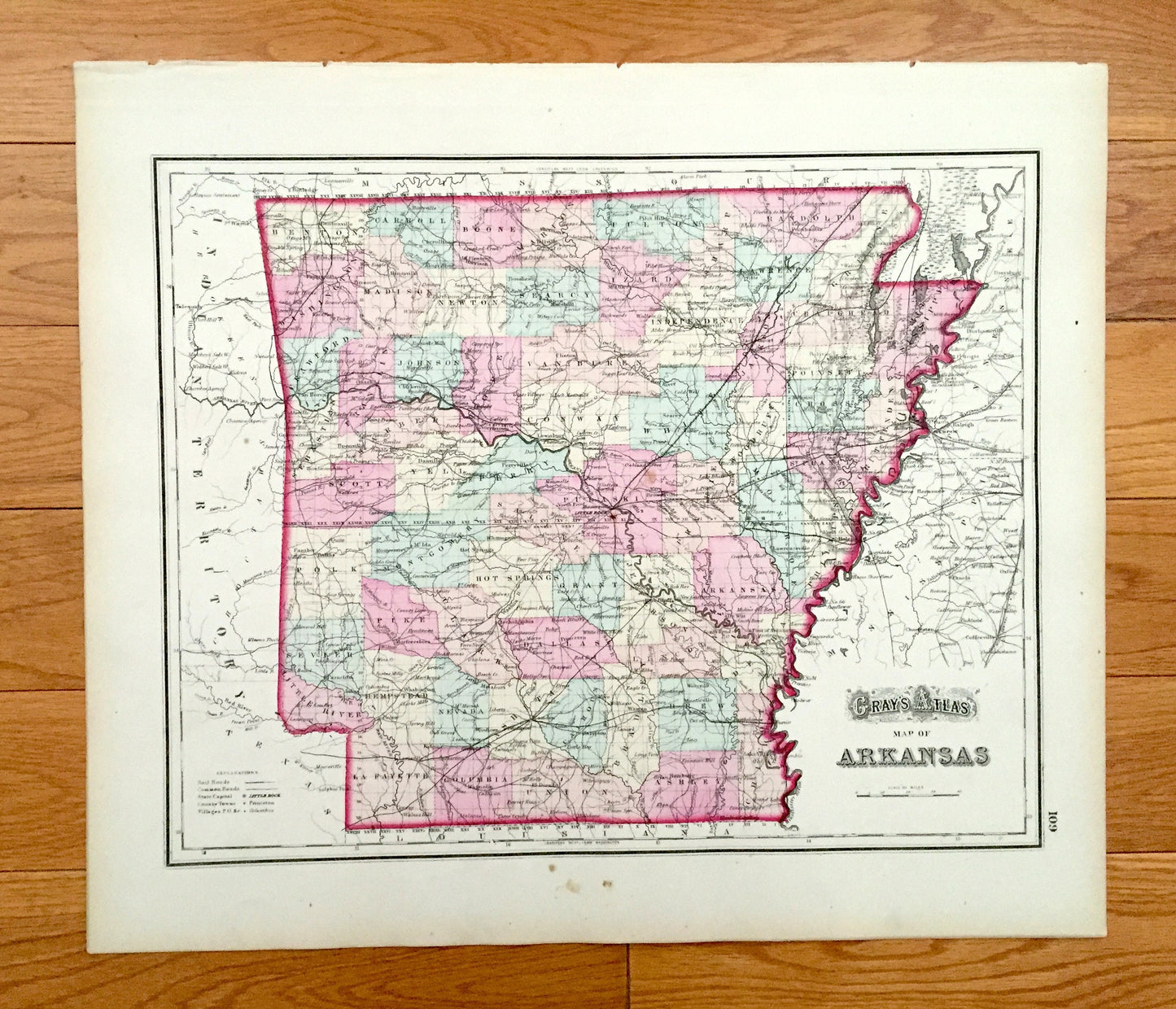 Antique 1874 Texas / Arkansas State Map from O.W. Gray's Atlas of United States of America; Stedman, Brown & Lyon – Austin, Little Rock