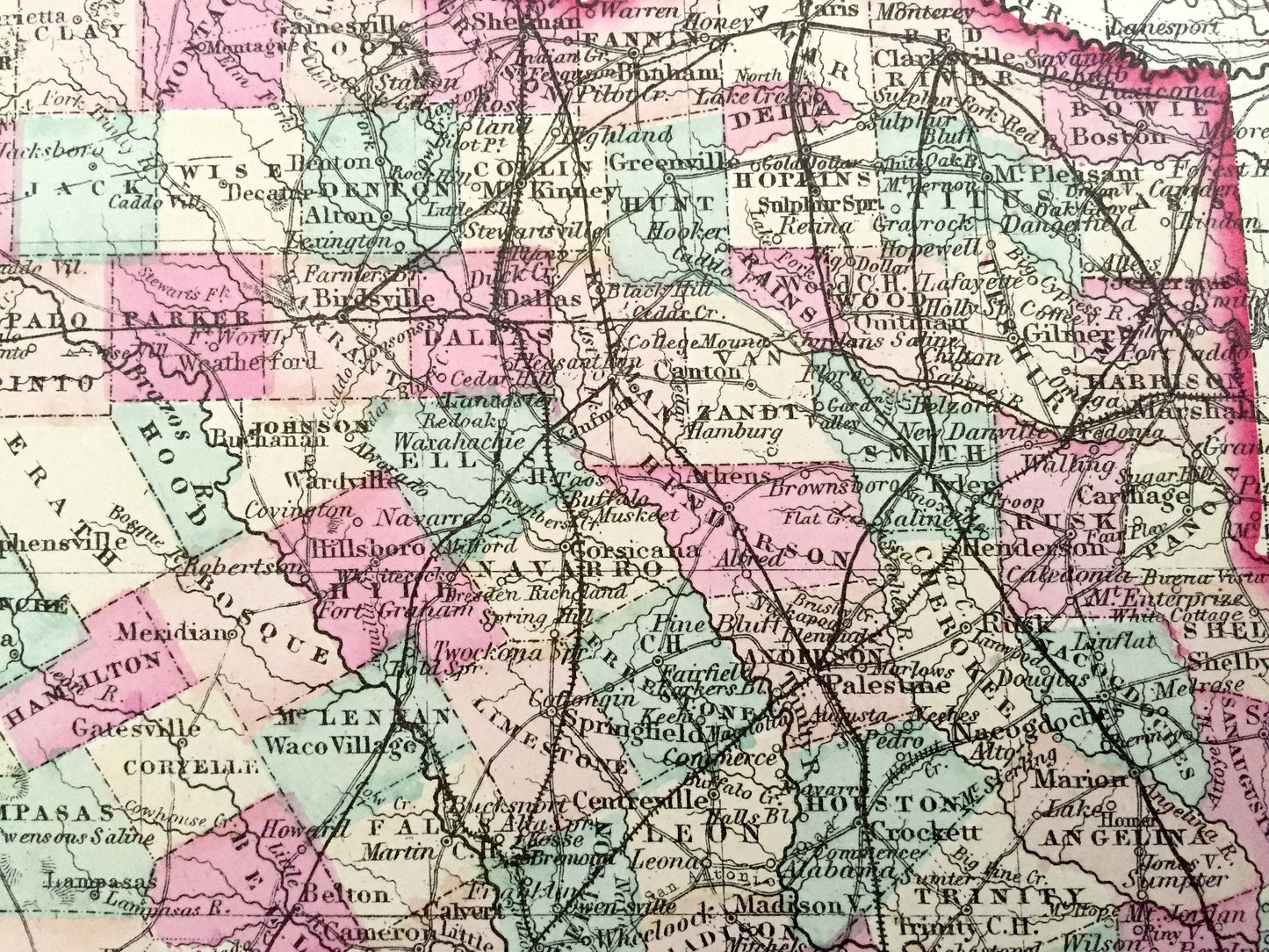 Antique 1874 Texas / Arkansas State Map from O.W. Gray's Atlas of United States of America; Stedman, Brown & Lyon – Austin, Little Rock