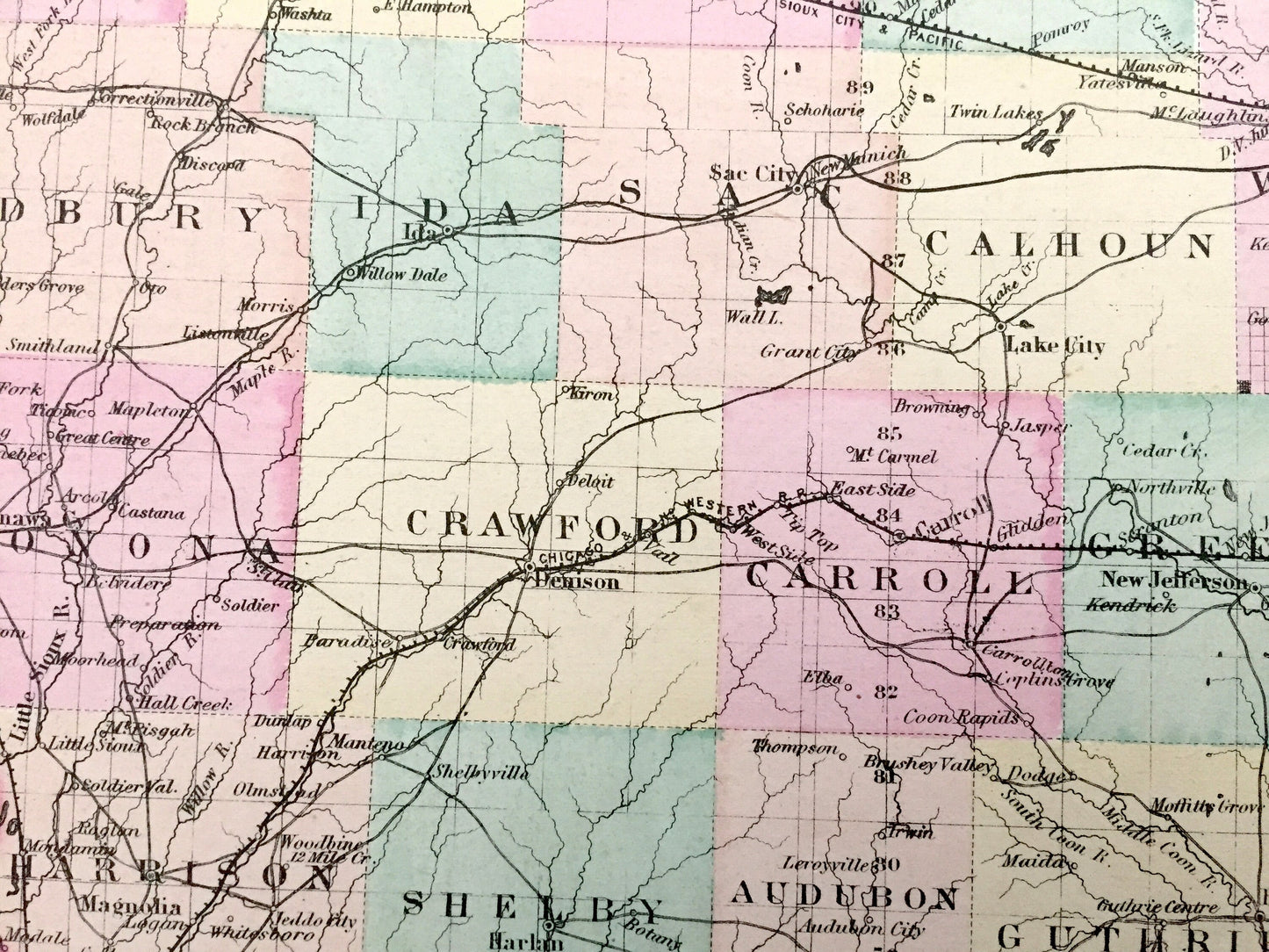 Antique 1874 Iowa / Chicago and Michigan State Map from O.W. Gray's Atlas of United States of America; Stedman, Brown & Lyon – Des Moines