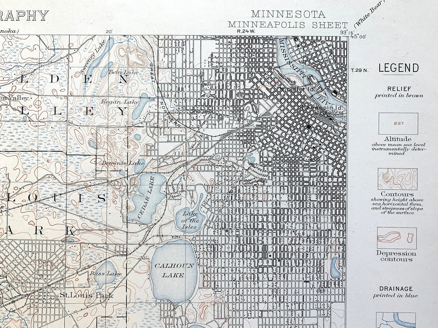 Antique Minneapolis, Minnesota 1901 US Geological Survey Topographic Map – Minnetonka, Golden Valley, Edina, Richfield, Eden Prairie Lake MN