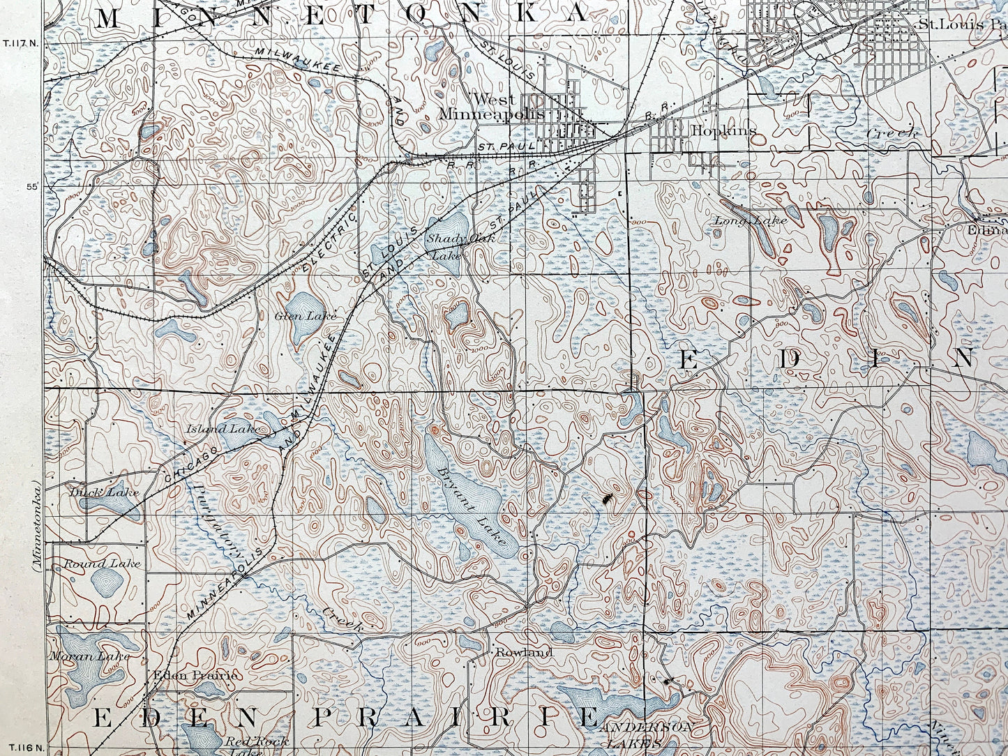 Antique Minneapolis, Minnesota 1901 US Geological Survey Topographic Map – Minnetonka, Golden Valley, Edina, Richfield, Eden Prairie Lake MN