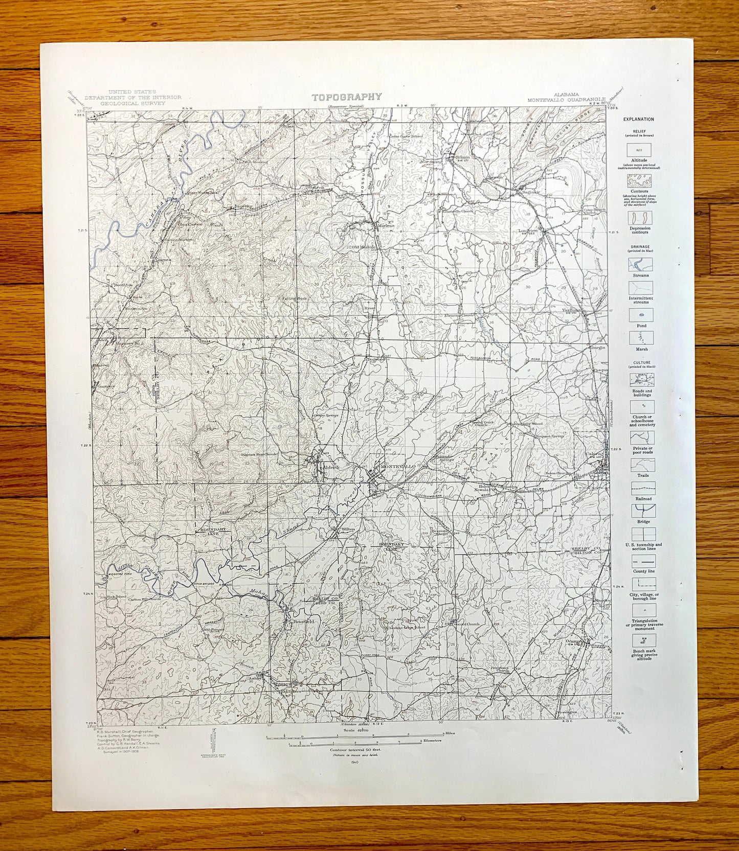 Antique Montevallo, Alabama 1940 US Geological Survey Topographic Map – Calera, Aldrich, Cahaba River, Shelby, Bibb, Chilton County, AL