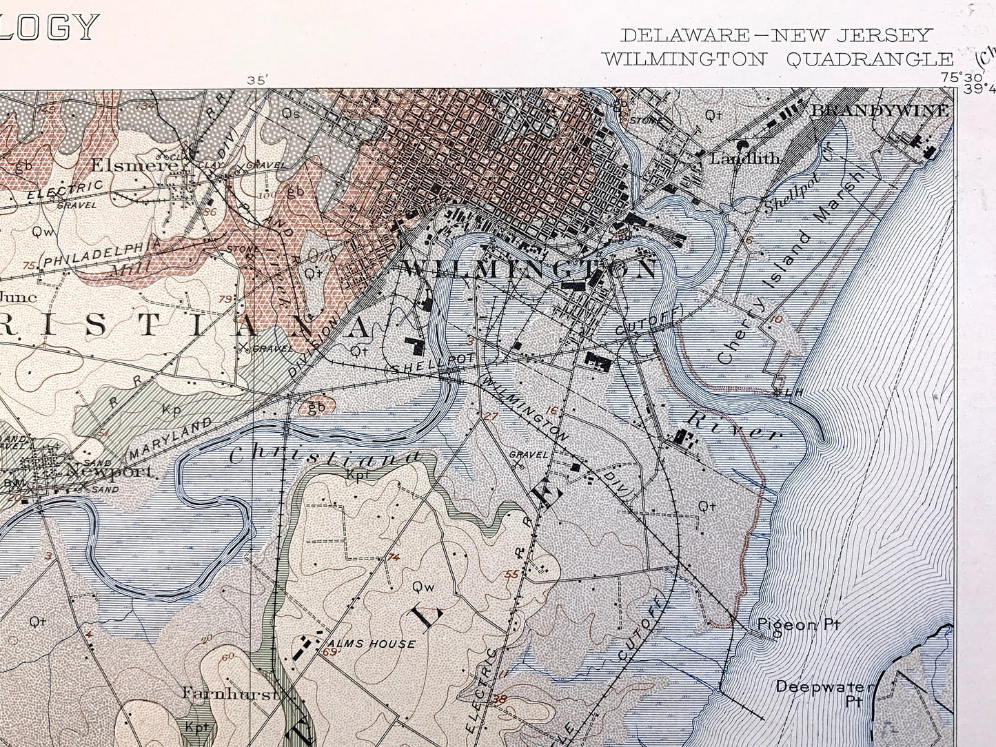 Antique Wilmington, Delaware 1920 US Geological Survey Topographic Map – Newcastle County, Delaware City, Christiana, Brandywine, Newport DE