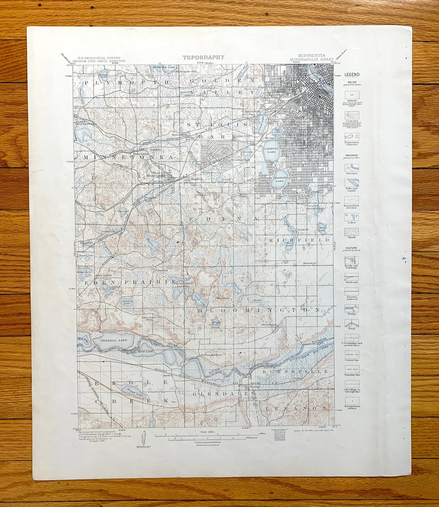 Antique Minneapolis, Minnesota 1901 US Geological Survey Topographic Map – Minnetonka, Golden Valley, Edina, Richfield, Eden Prairie Lake MN