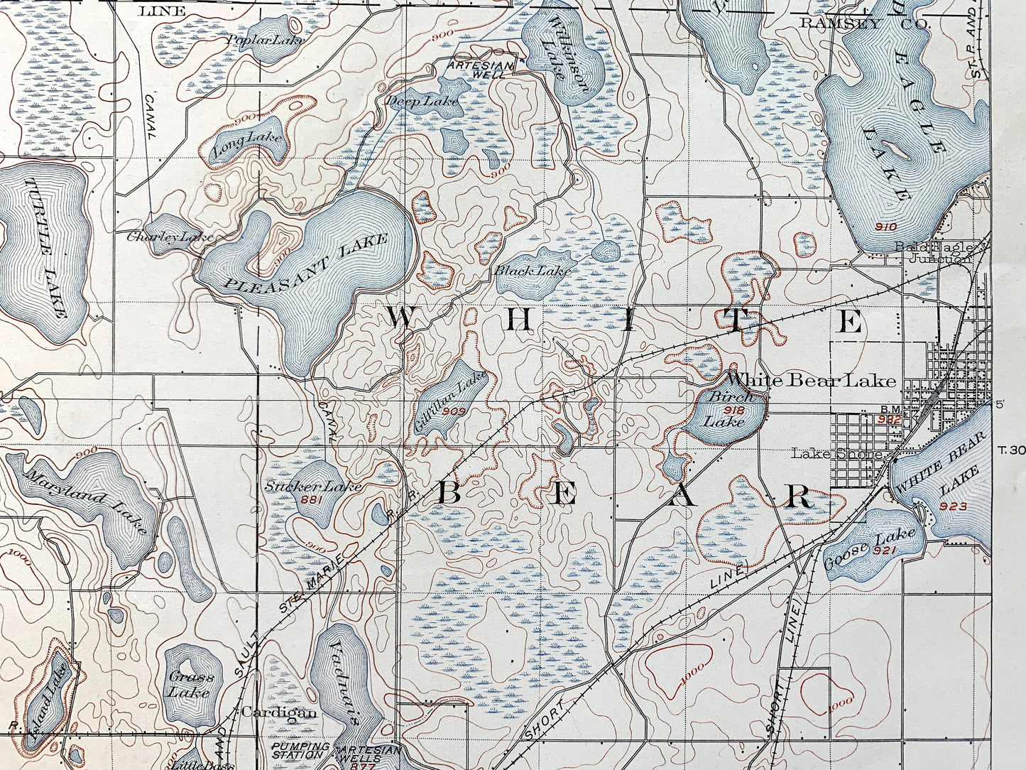 Antique White Bear, Minnesota 1902 US Geological Survey Topographic Map – Minneapolis, Twin Cities, Rose, Fridley, St Anthony, Mounds View