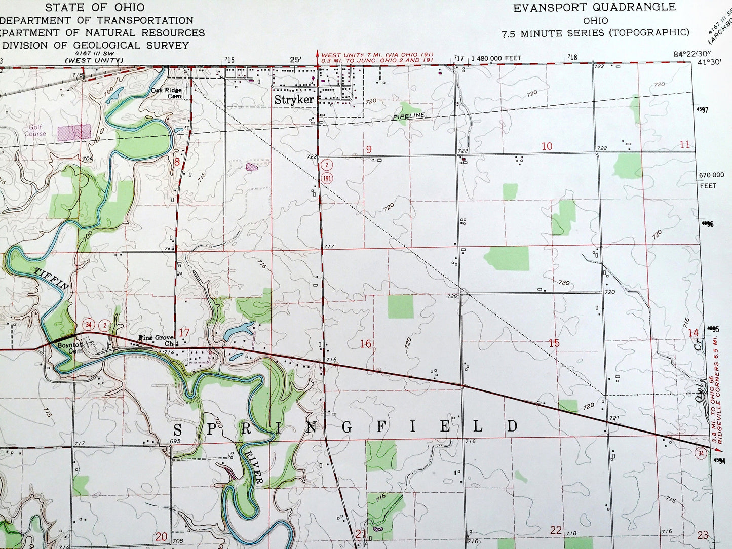 Antique Evansport, Ohio 1960 US Geological Survey Topographic Map — Williams, Defiance County, Pulaski, Springfield, Washington, Tiffin, OH