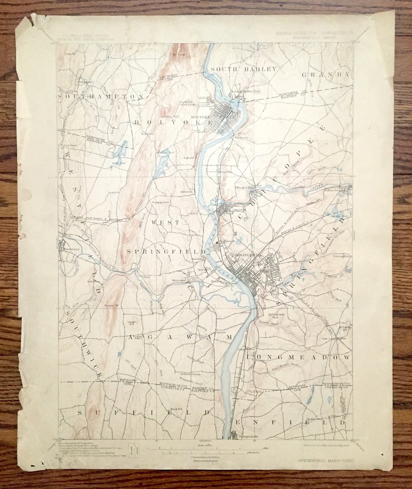Antique Springfield, Massachusetts 1895 US Geological Survey Topographic Map – Holyoke, South Hadley, Chicopee, Southhampton, Agawam, MA