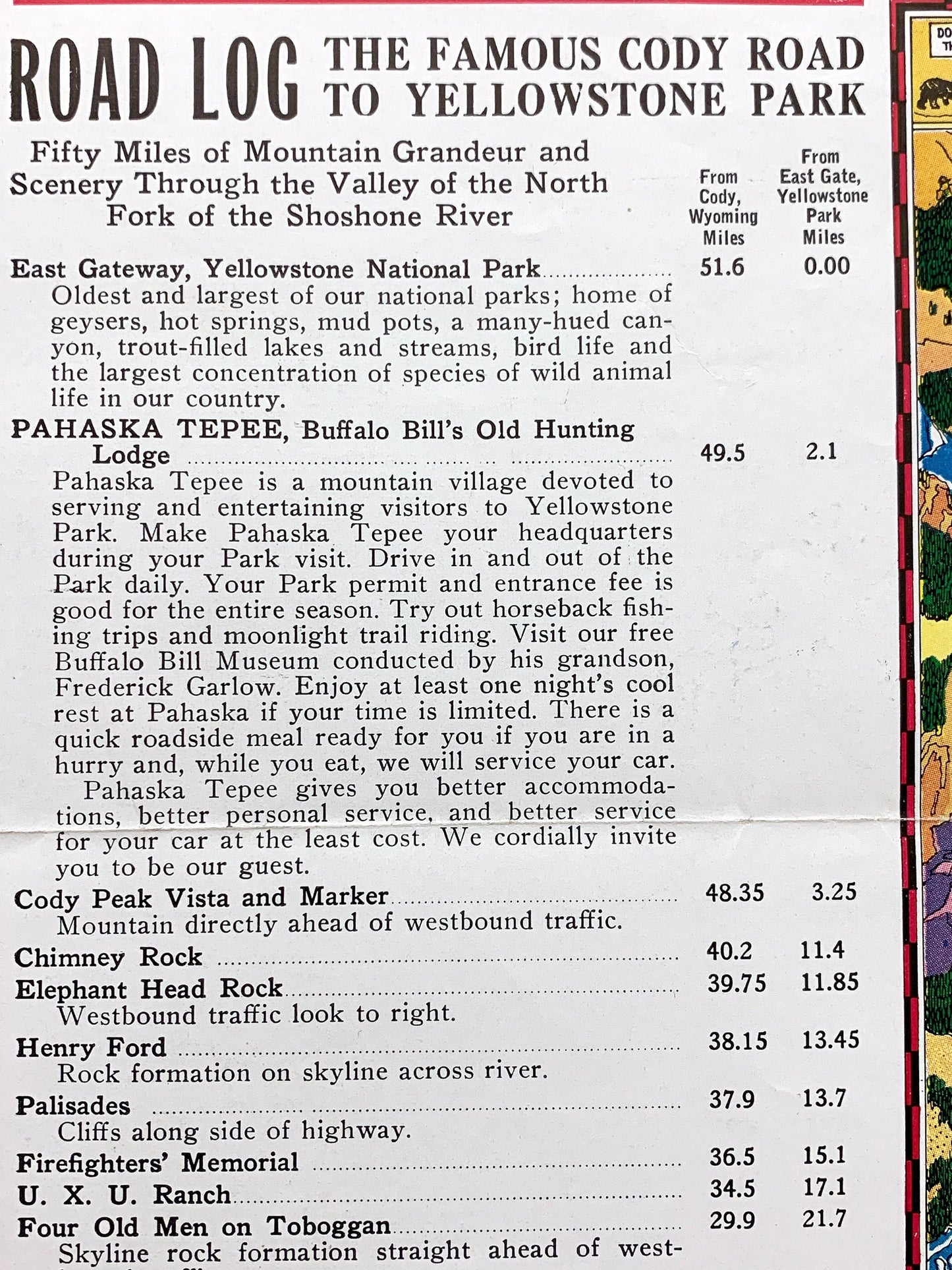 Antique Yellowstone National Park, Wyoming 1920's Edward T. Grigware Illustration Tourist Map – Cody Road, Old Faithful, Shoshone Forest, WY