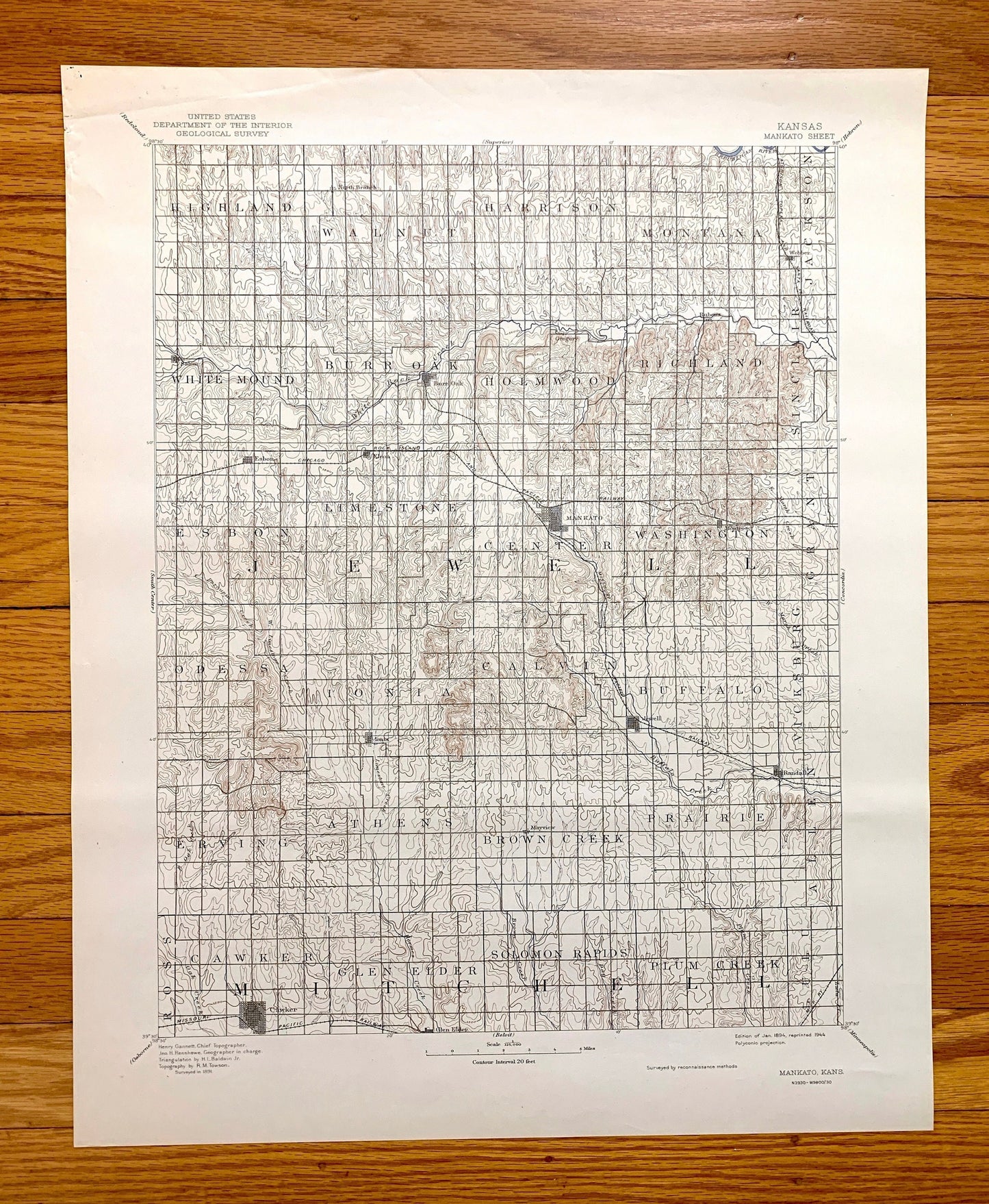 Antique Mankato, Kansas 1894 US Geological Survey Topographic Map – Jewell, Mitchell County, Cawker, Burr Oak, Randall, Webber, Ionia, KS