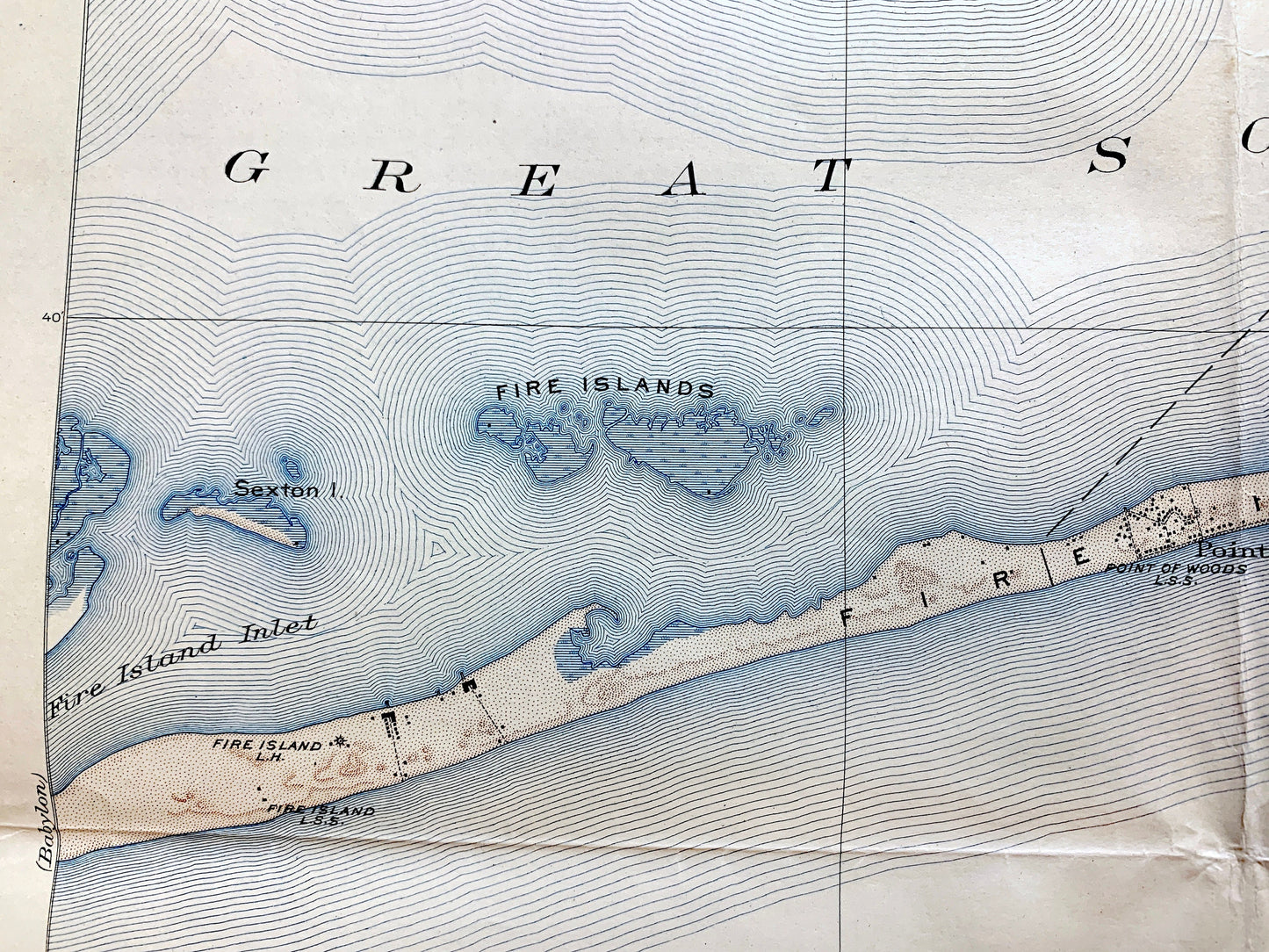 Antique Fire Island, New York 1903 US Geological Survey Topographic Map – Long Island, Babylon, Bay Shore, Islip, Sayville Suffolk County NY