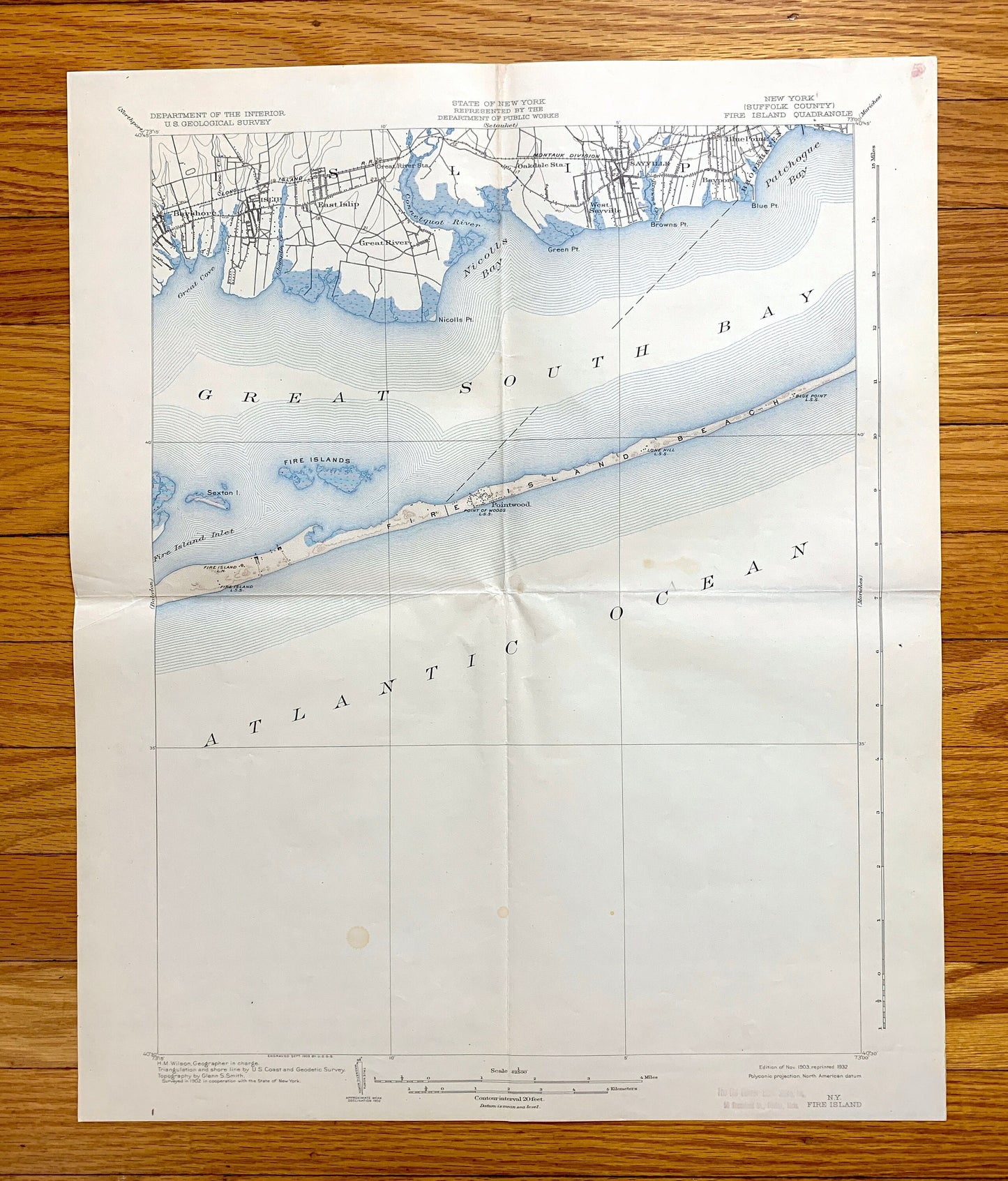 Antique Fire Island, New York 1903 US Geological Survey Topographic Map – Long Island, Babylon, Bay Shore, Islip, Sayville Suffolk County NY