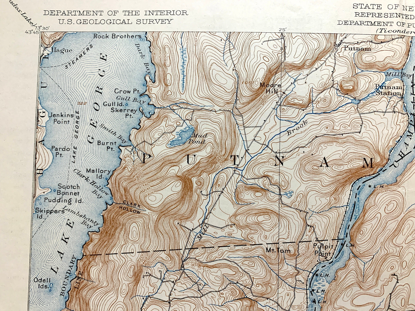 Antique Whitehall, New York 1902 US Geological Survey Topographic Map – Lake George, Champlain, Putnam, Benson, Fair Haven, Vermont NY VT
