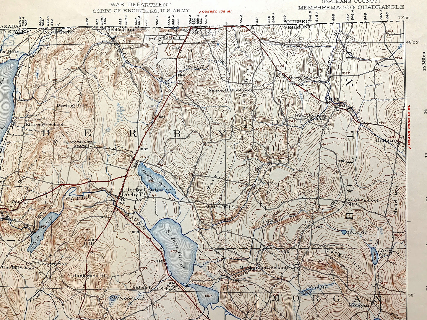 Antique Memphremagog, Vermont 1925 US Geological Survey Topographic Map – Newport, Derby, Conventry, Orleans County, Brownington Westmore VT