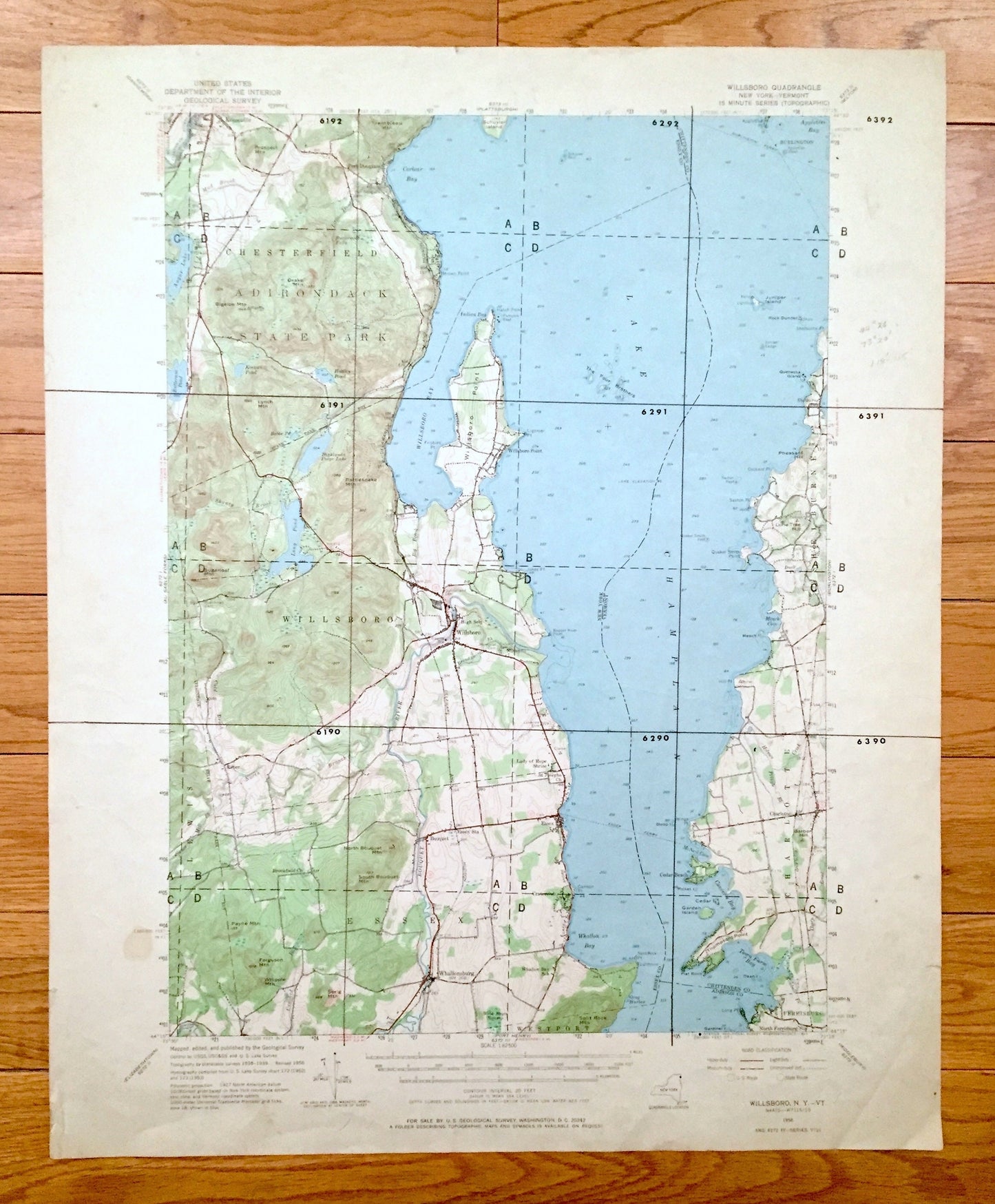 Antique Willsboro, New York 1956 US Geological Survey Topographic Map – Lake Champlain, Adirondacks, Essex, Chittenden Burlington Addison NY