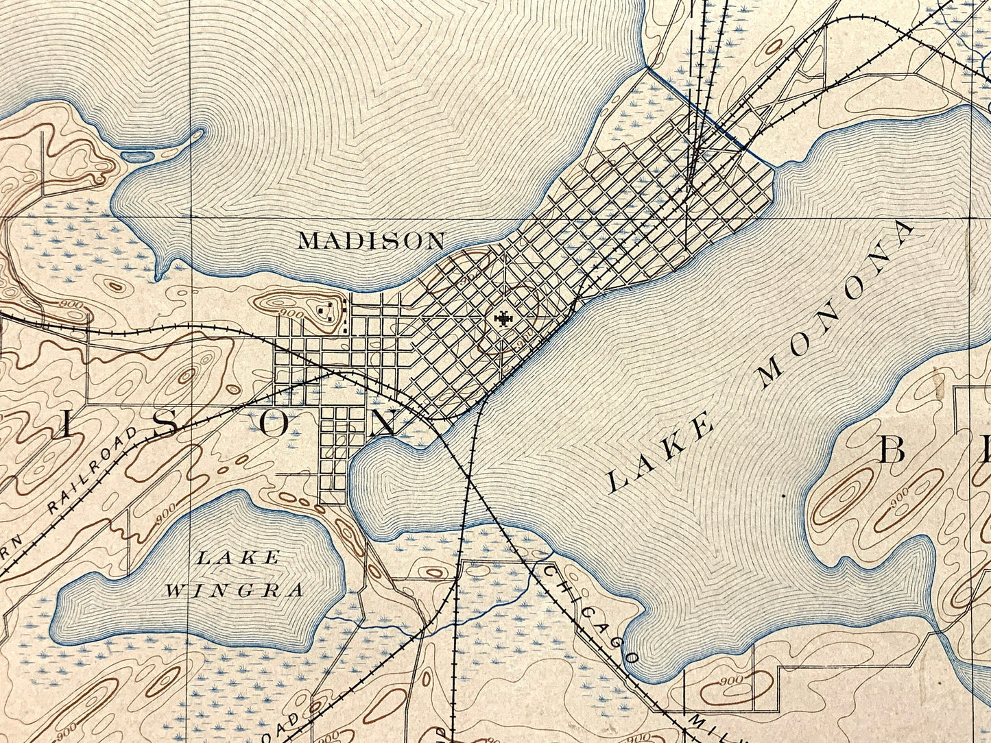 Antique Madison, Wisconsin 1892 US Geological Survey Topographic Map – Dane County, Elmside, Waunakee, Lake Mendota, Monona, Waubesa Dunn WI