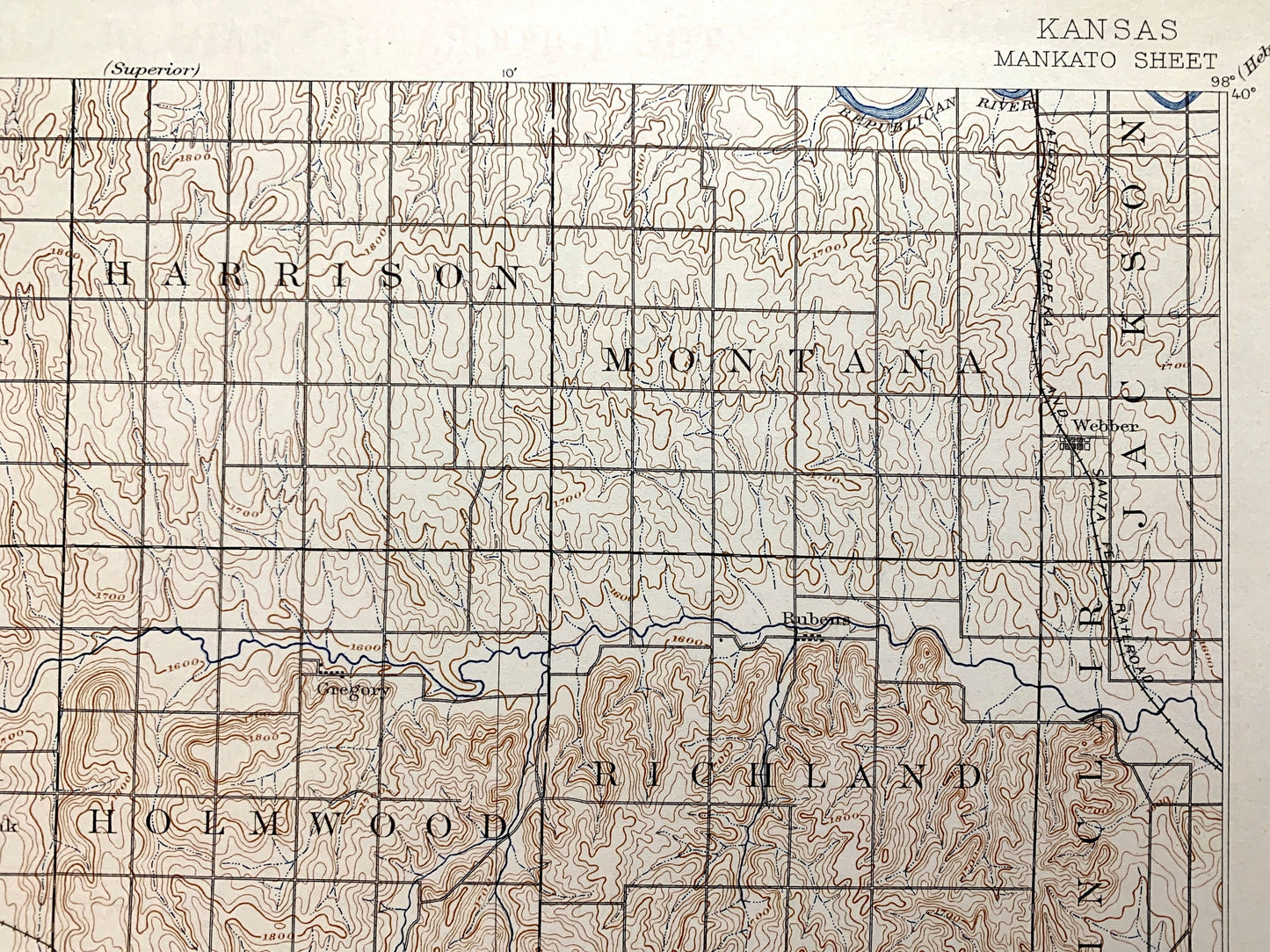 Antique Mankato, Kansas 1894 US Geological Survey Topographic Map – Jewell, Mitchell County, Cawker, Burr Oak, Randall, Webber, Ionia, KS