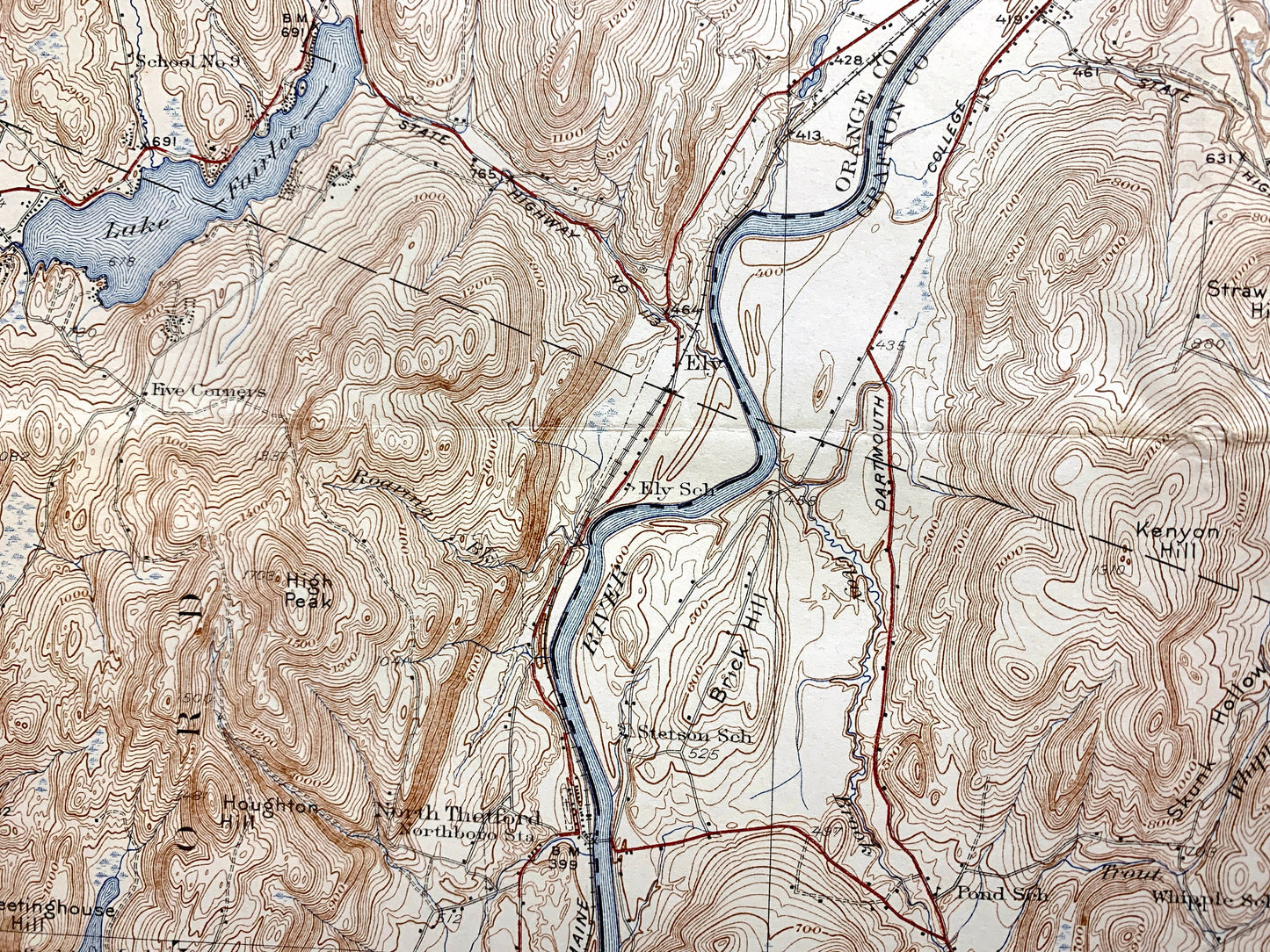 Antique Mt Cube, New Hampshire 1933 US Geological Survey Topographic Map – Grafton County, Orford, Lyme, Thetford, Fairlee, Vermont, NH VT