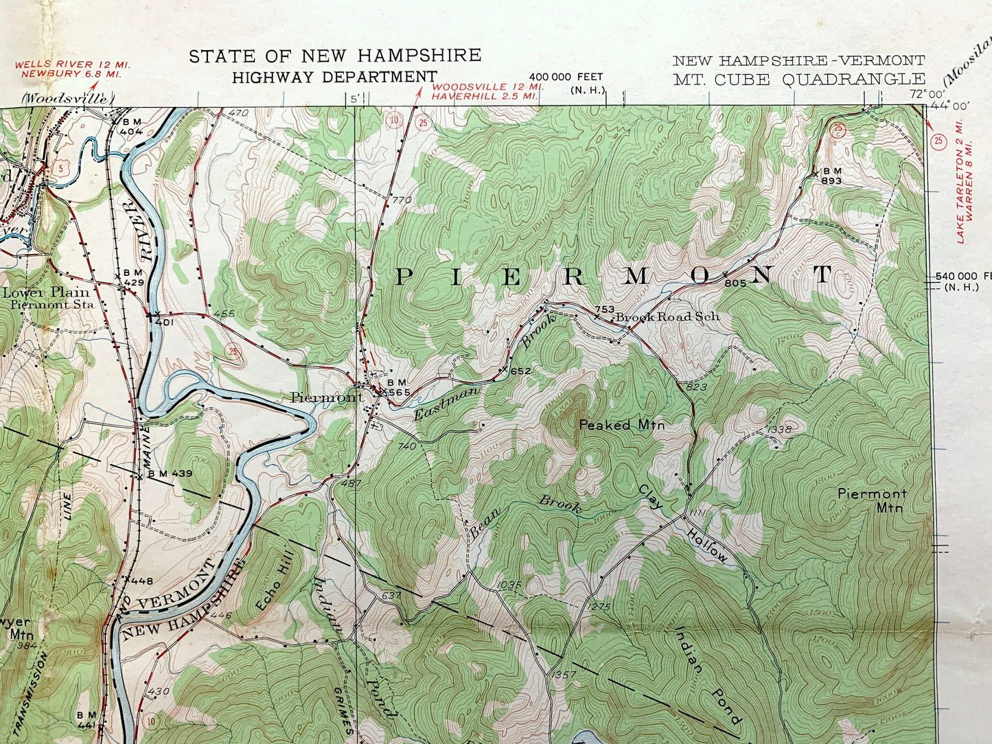 Antique Mt Cube, New Hampshire 1931 US Geological Survey Topographic Map – Grafton County, Orford, Lyme, Thetford, Fairlee, Vermont, NH VT