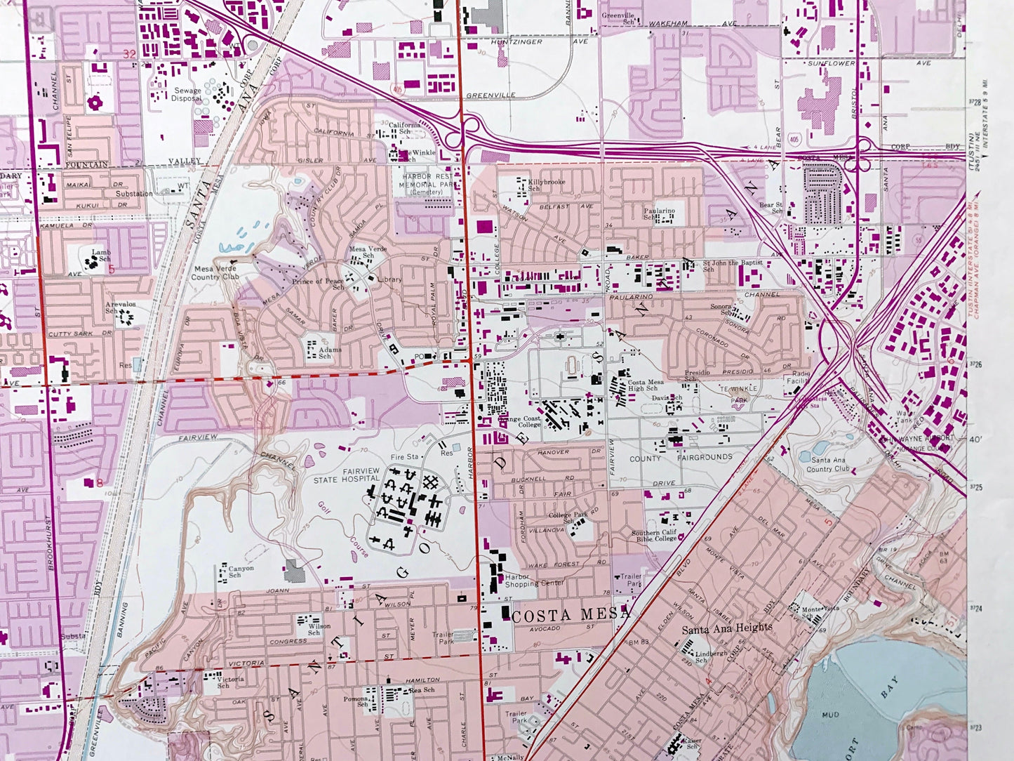 Antique Newport Beach, California 1965 US Geological Survey Topographic Map – Huntington, Balboa, Corona del Mar, Santa Ana Orange County CA