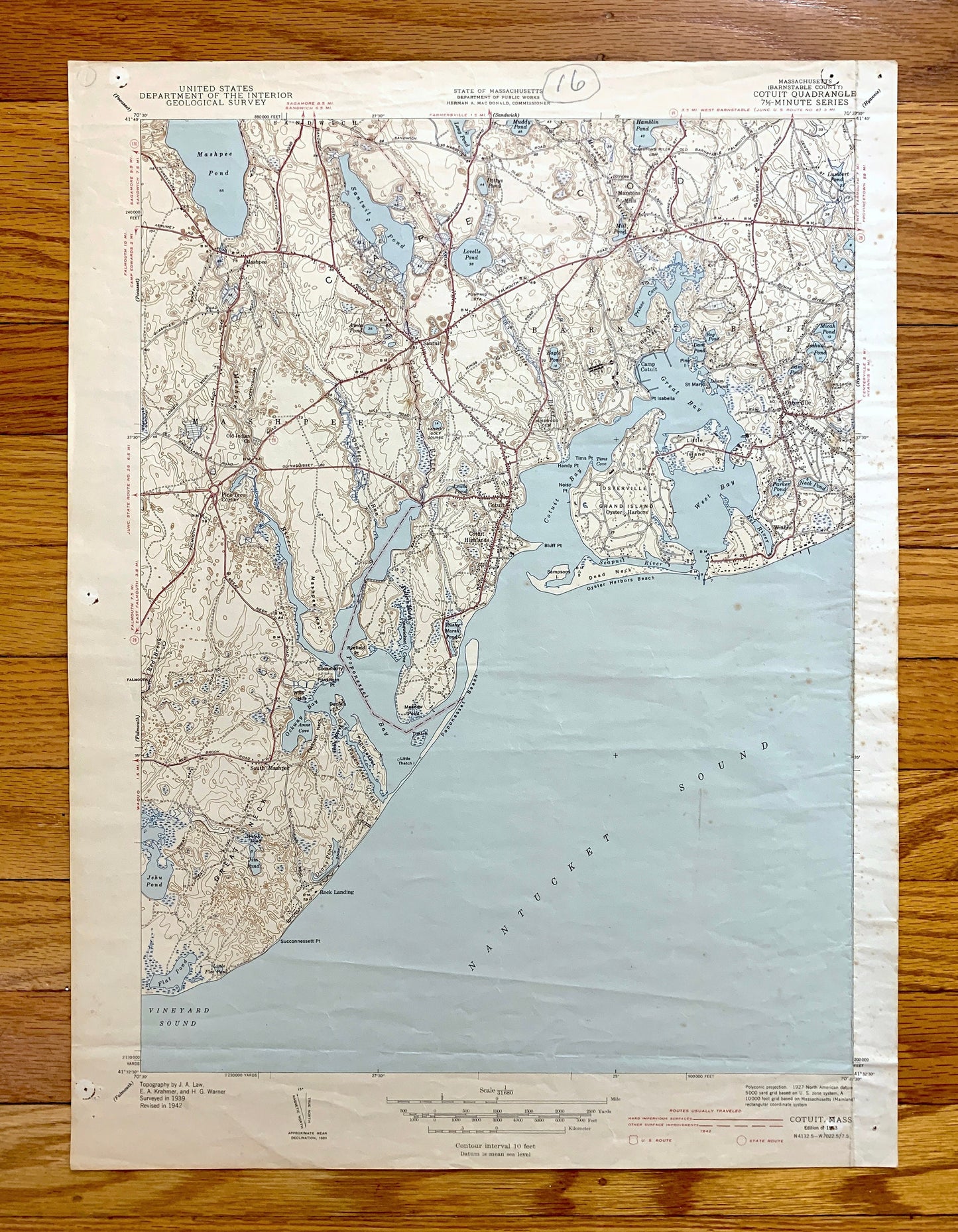 Antique Mashpee, Massachusetts 1943 US Geological Survey Topographic Map – Cape Cod, Cotuit, Barnstable County, Nantucket Sound, Sandwich MA