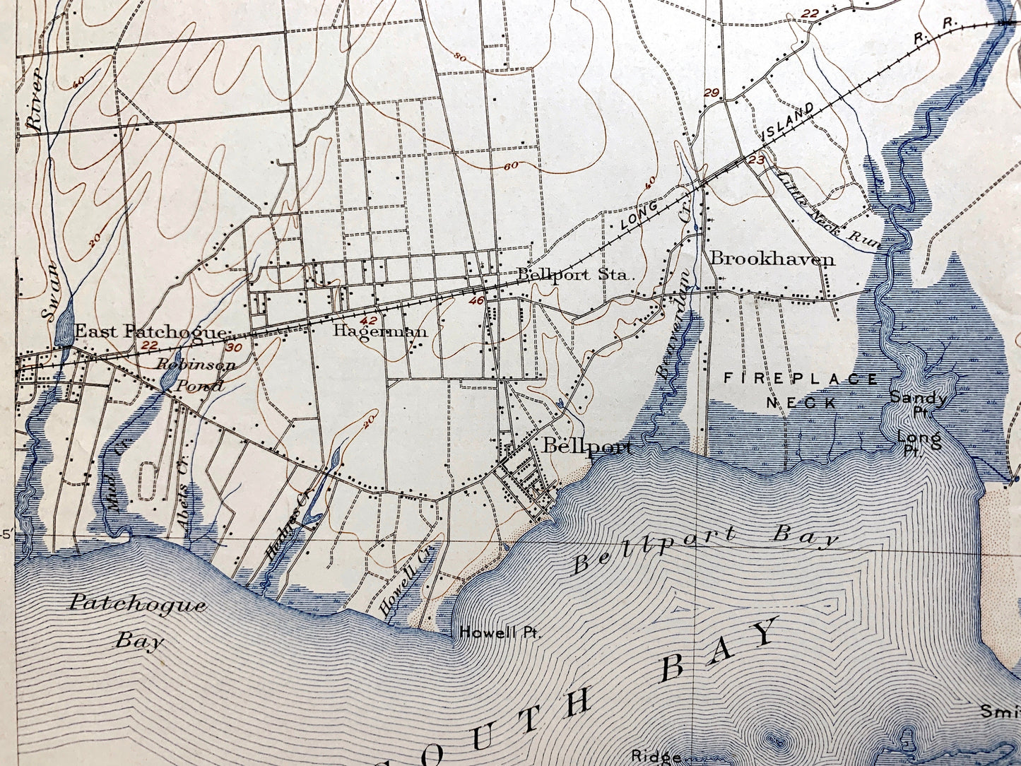 Antique The Hamptons, Long Island, New York 1904 US Geological Survey Topographic Map – Suffolk County, Moriches, Brookhaven, Riverhead, NY