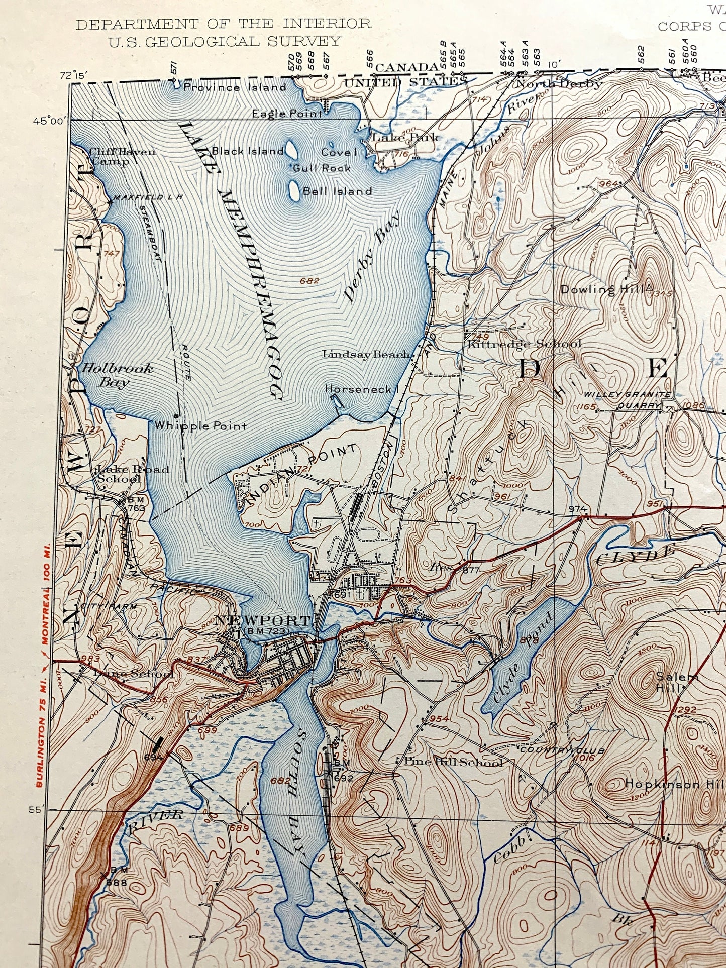 Antique Memphremagog, Vermont 1925 US Geological Survey Topographic Map – Newport, Derby, Conventry, Orleans County, Brownington Westmore VT