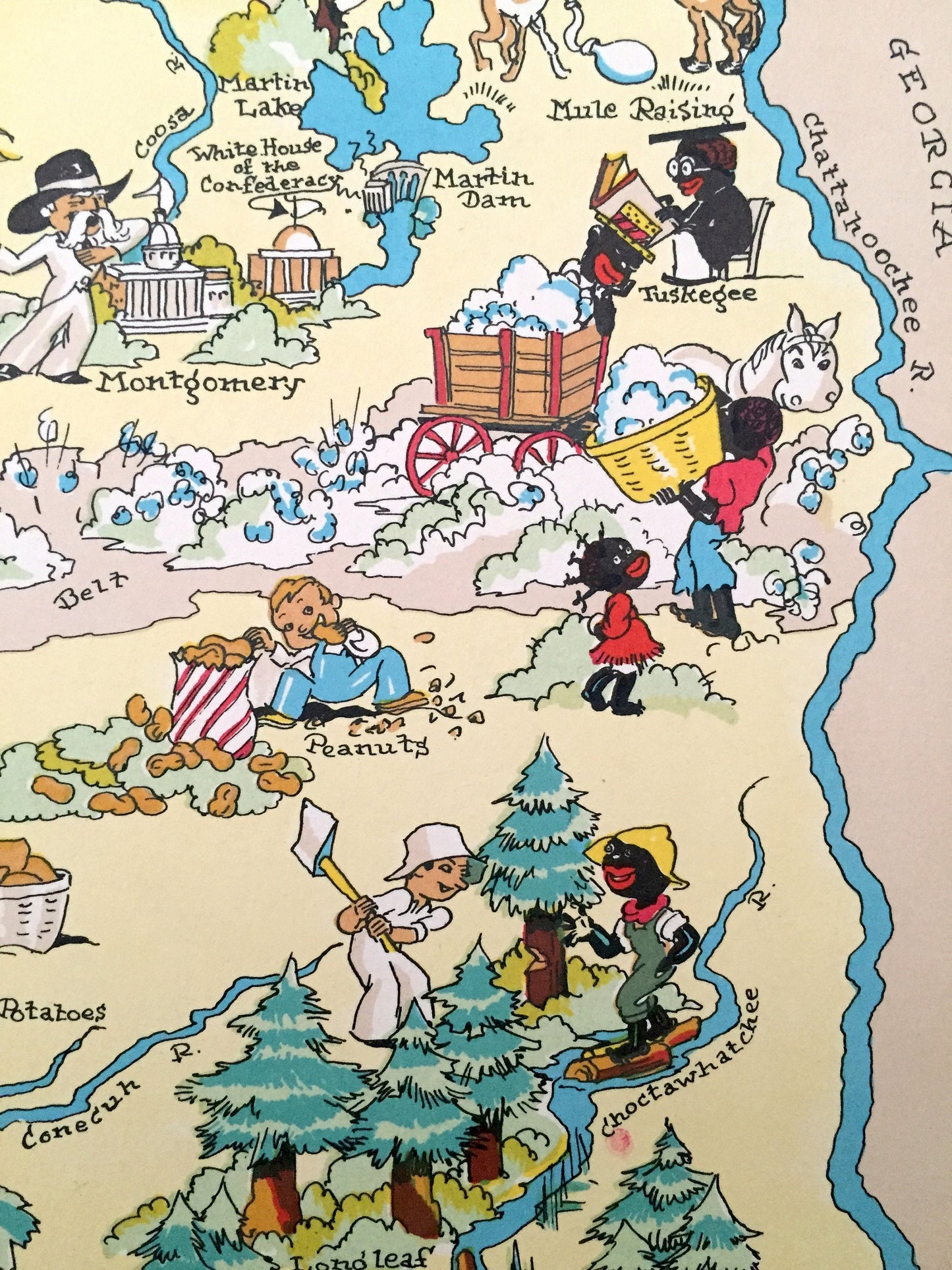 Antique 1935 Alabama State Map from Our Gay Geography by Ruth Taylor – Mobile, Montgomery, Huntsville, Tuskegee, Birmingham, Pensacola, AL