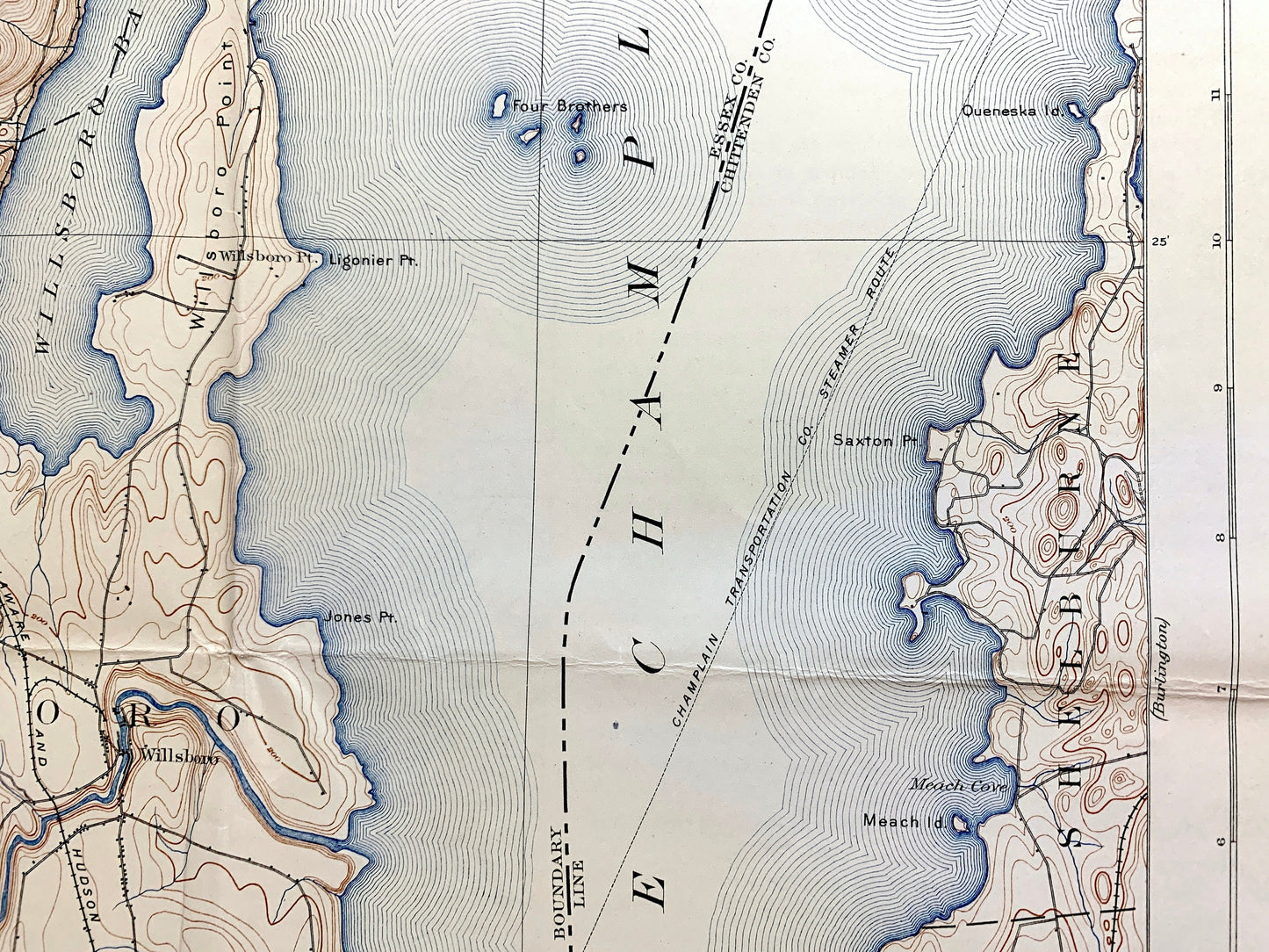 Antique Willsboro, New York 1895 US Geological Survey Topographic Map – Lake Champlain, Adirondacks, Essex, Chittenden Burlington Addison NY