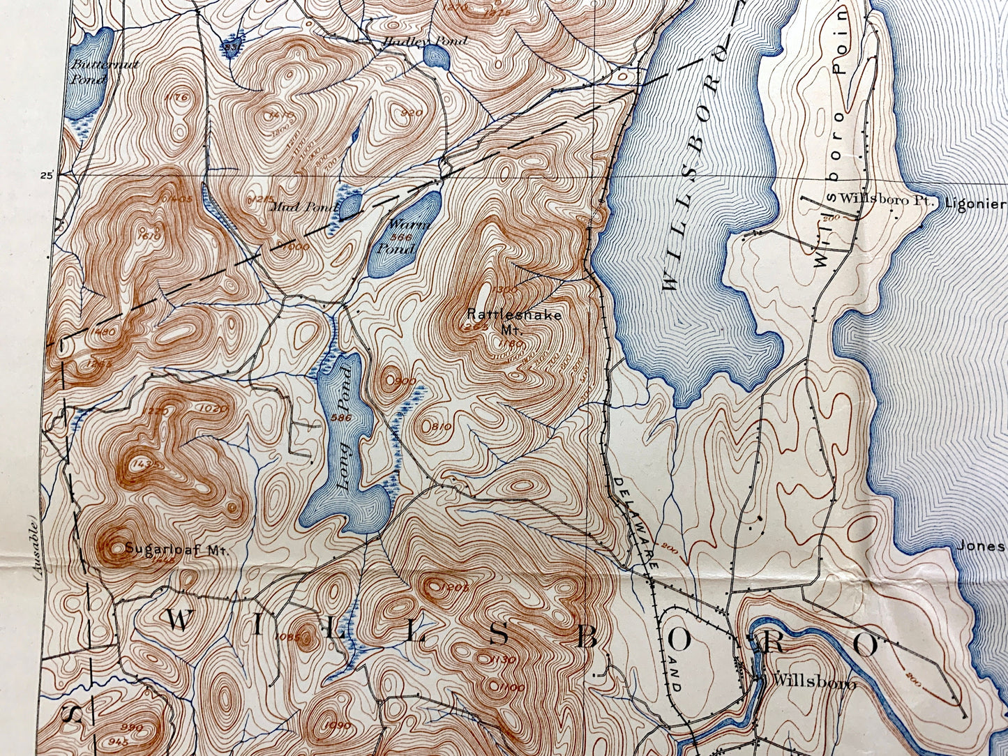 Antique Willsboro, New York 1895 US Geological Survey Topographic Map – Lake Champlain, Adirondacks, Essex, Chittenden Burlington Addison NY