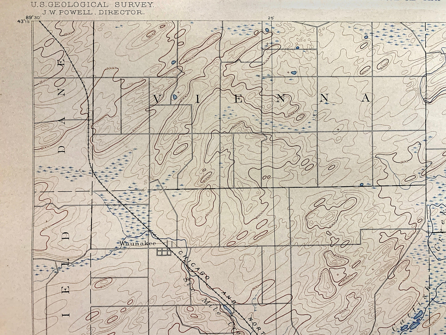 Antique Madison, Wisconsin 1892 US Geological Survey Topographic Map – Dane County, Elmside, Waunakee, Lake Mendota, Monona, Waubesa Dunn WI