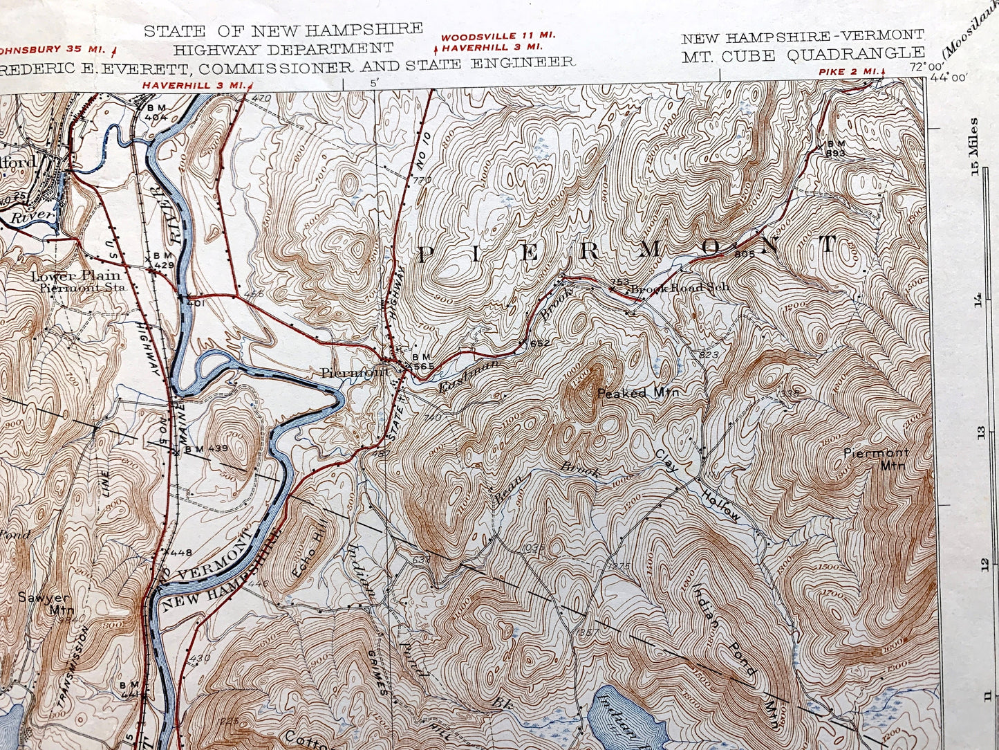 Antique Mt Cube, New Hampshire 1933 US Geological Survey Topographic Map – Grafton County, Orford, Lyme, Thetford, Fairlee, Vermont, NH VT