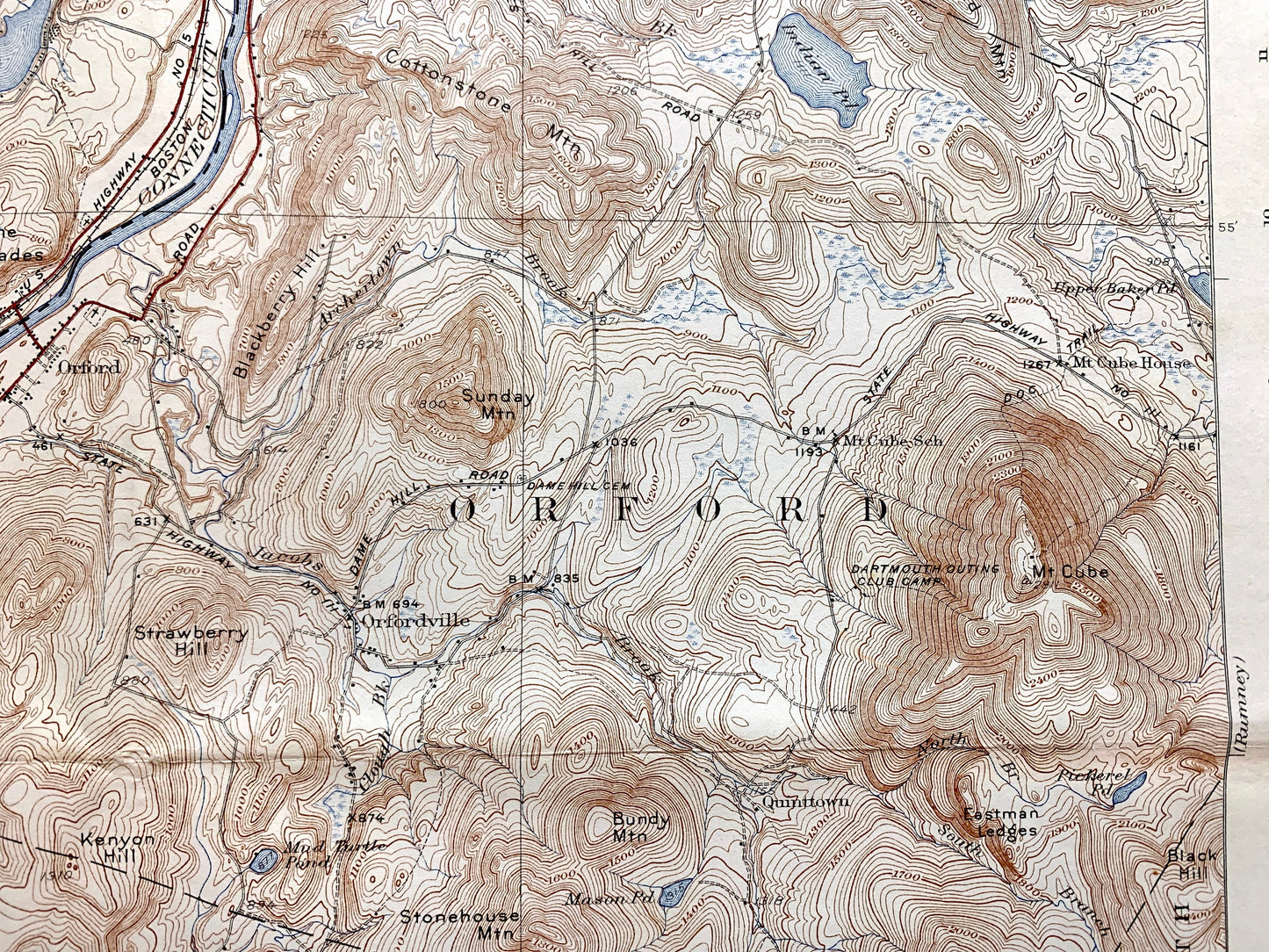 Antique Mt Cube, New Hampshire 1933 US Geological Survey Topographic Map – Grafton County, Orford, Lyme, Thetford, Fairlee, Vermont, NH VT