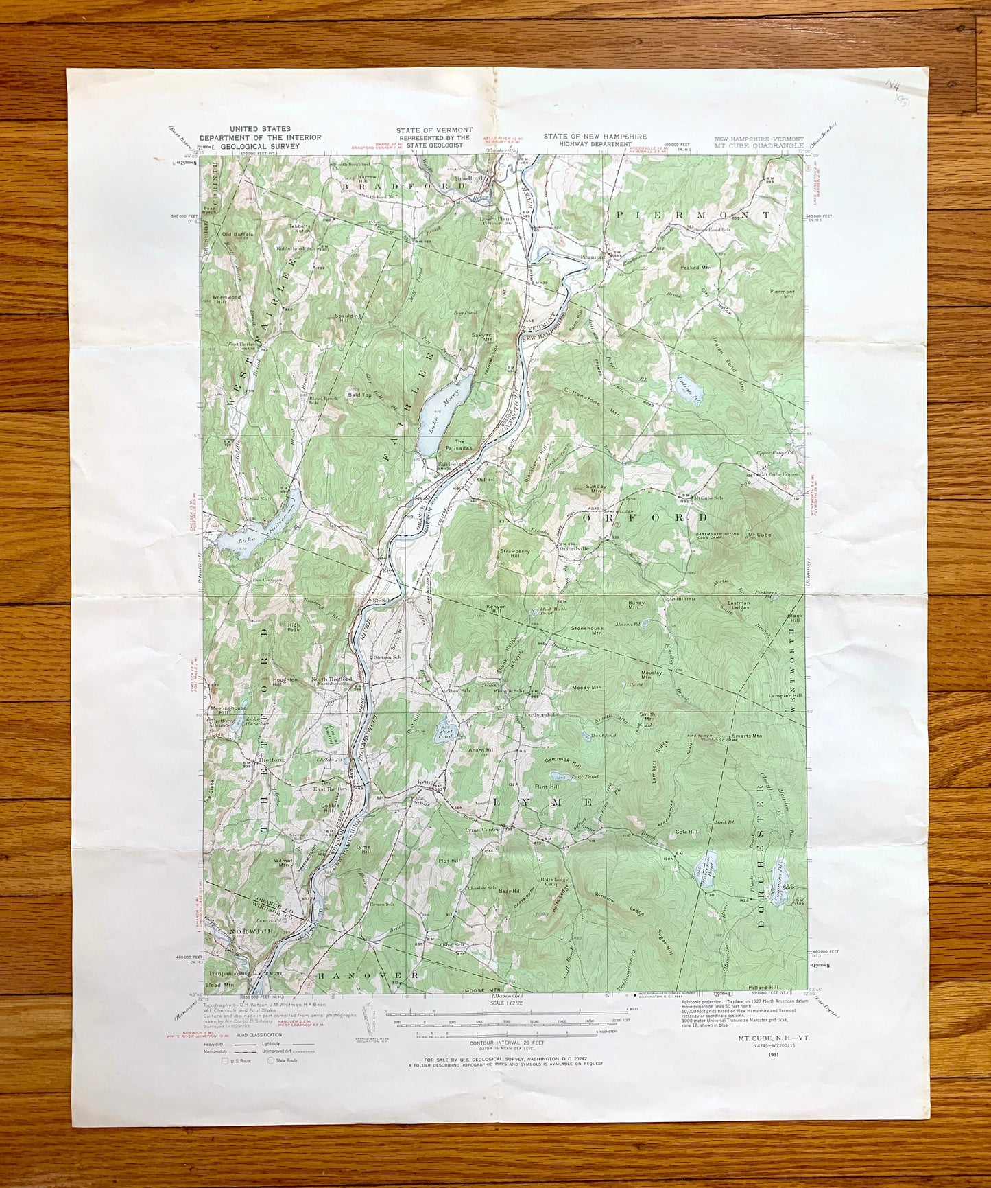 Antique Mt Cube, New Hampshire 1931 US Geological Survey Topographic Map – Grafton County, Orford, Lyme, Thetford, Fairlee, Vermont, NH VT