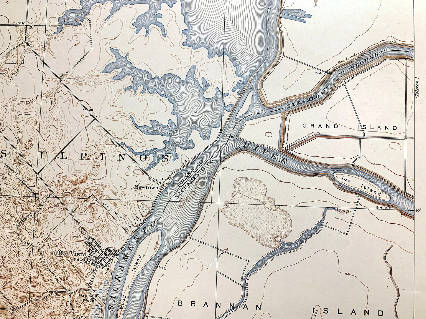 Antique Rio Vista, California 1910 US Geological Survey Topographic Map – Brannan Island, Los Ulpinos, Yolo Basin, Ida Ryer Island, CA
